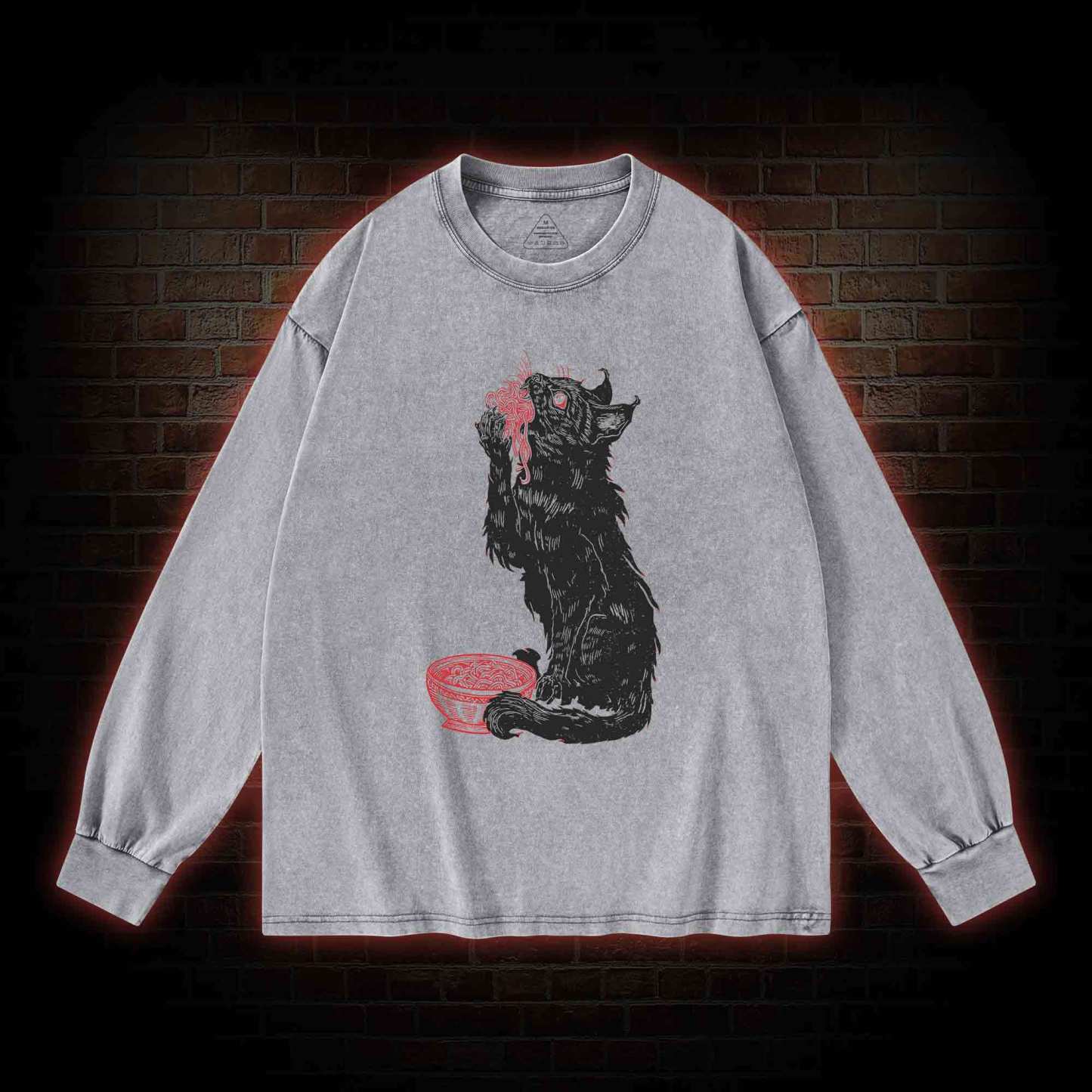 Cat Eating Noodles Washed Long-Sleeve T-shirt