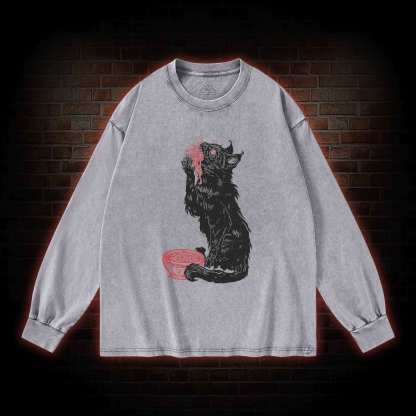 Cat Eating Noodles Washed Long-Sleeve T-shirt