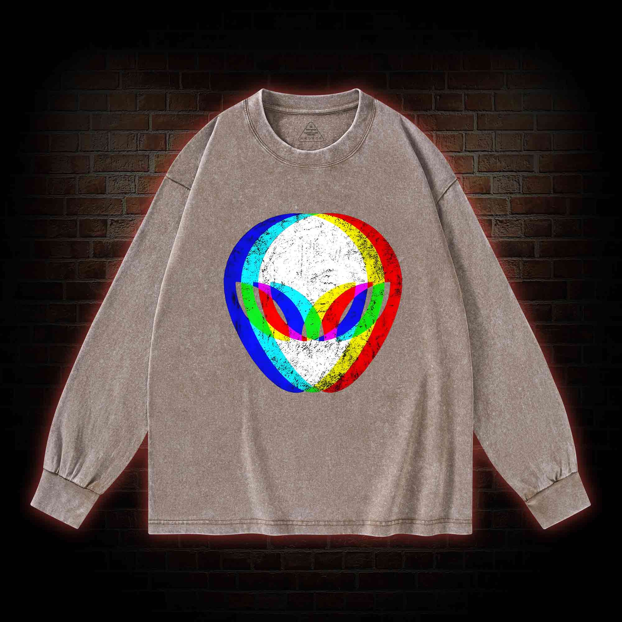 Alien Head Trippy Washed Long-Sleeve T-shirt