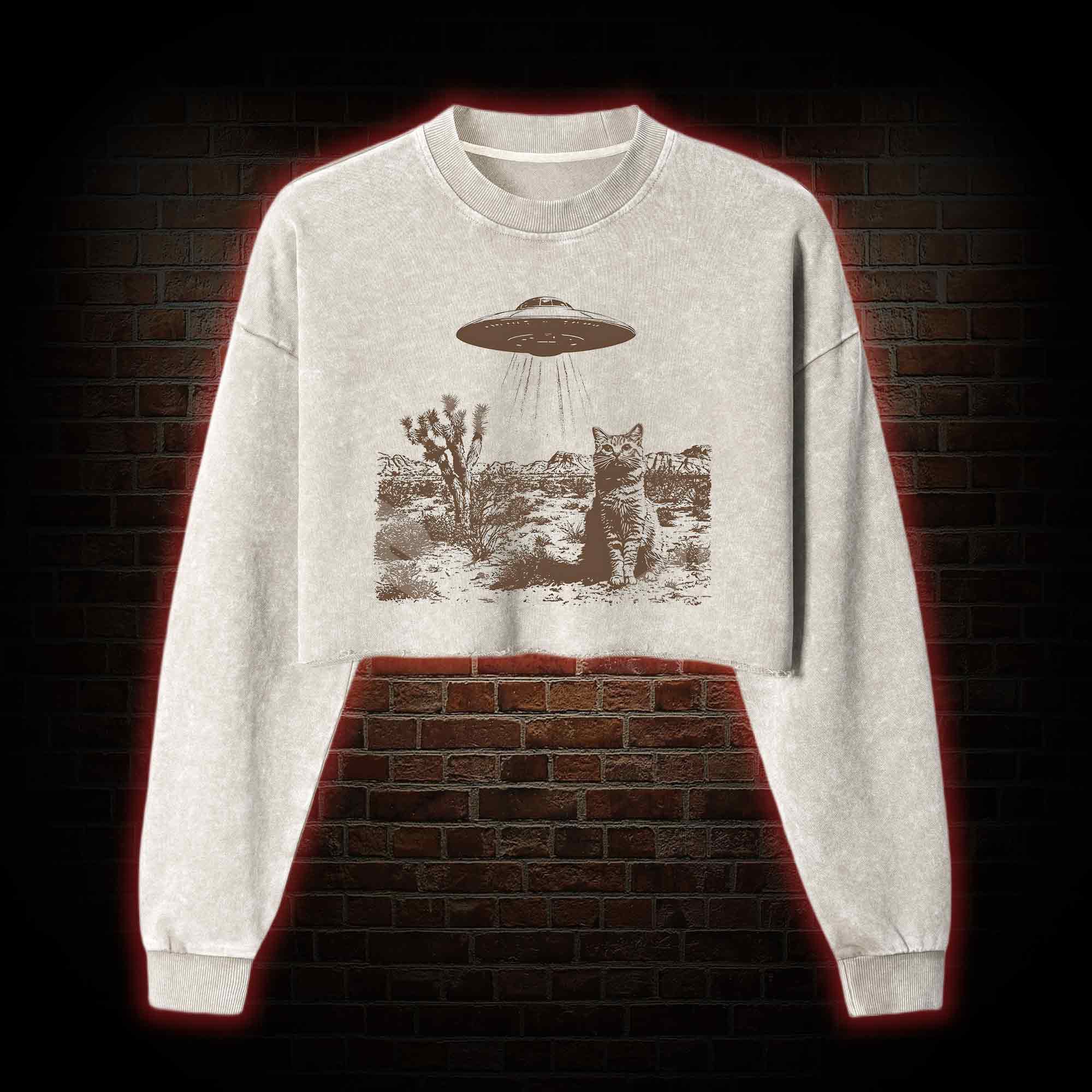 Ufo Cowboy Cat Washed Cropped Sweatshirts
