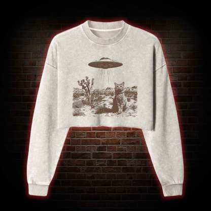 Ufo Cowboy Cat Washed Cropped Sweatshirts