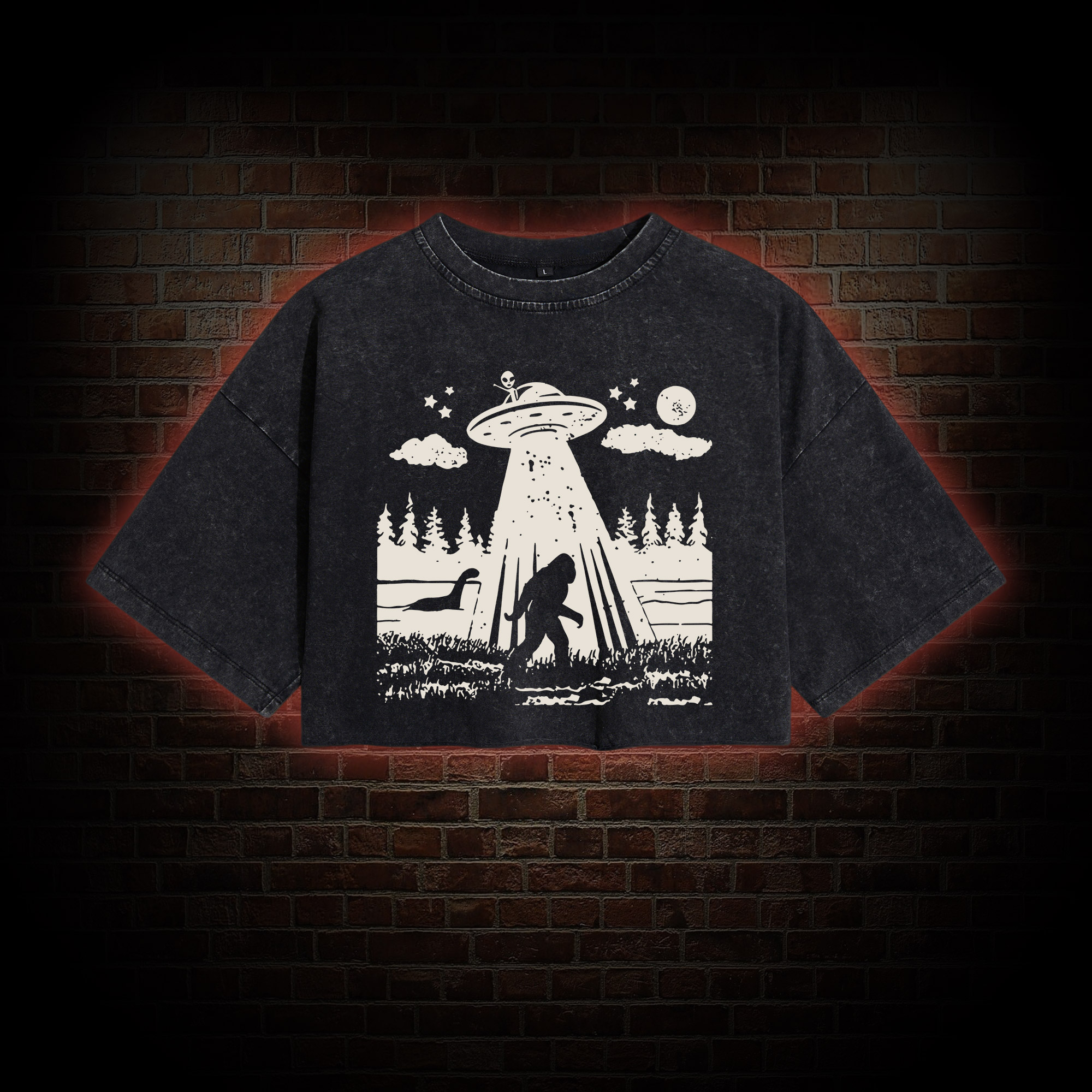 Bigfoot Sasquatch Alien UFO Loch Ness Monster Washed Cropped T-shirts