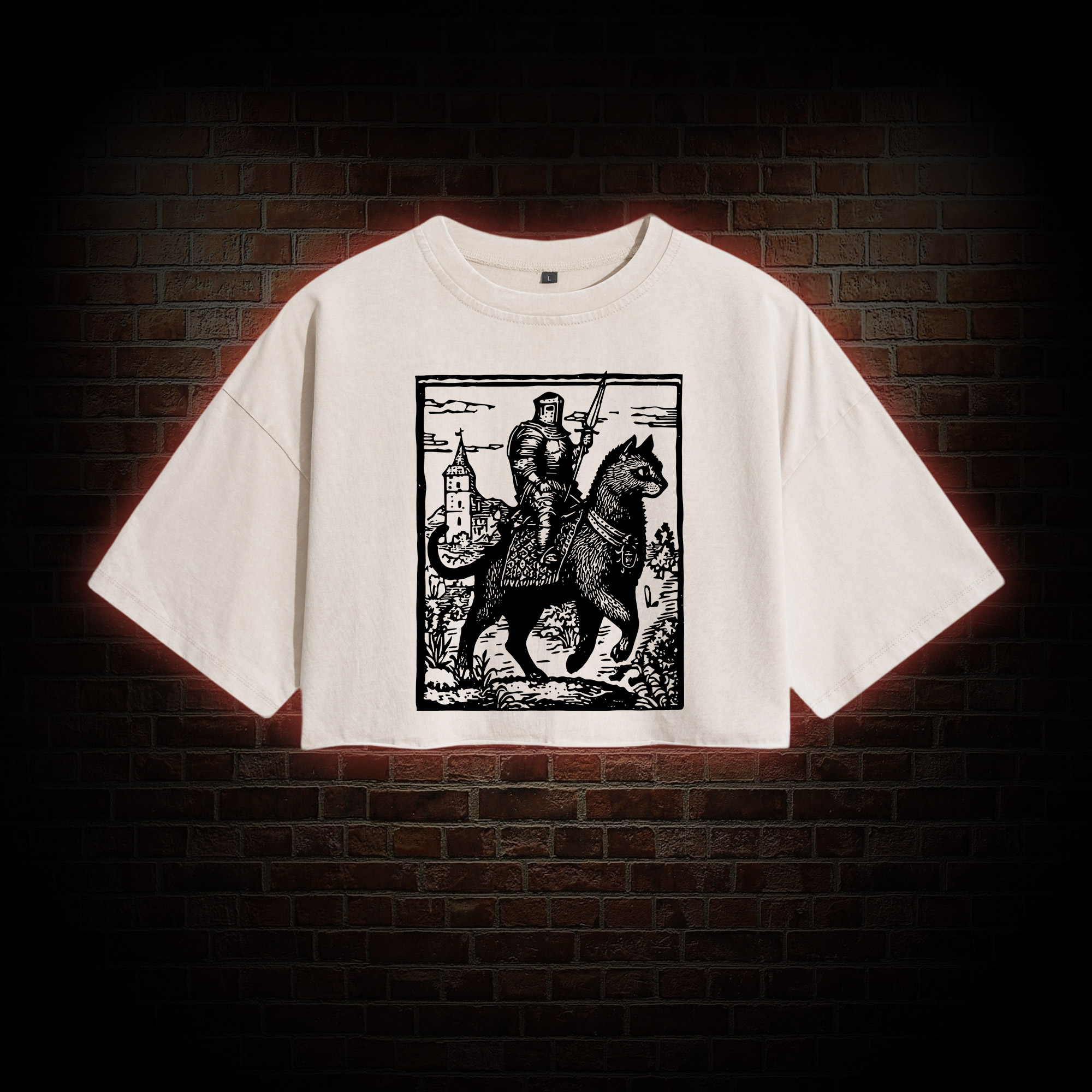 Knight Cat Rider Washed Cropped T-shirts