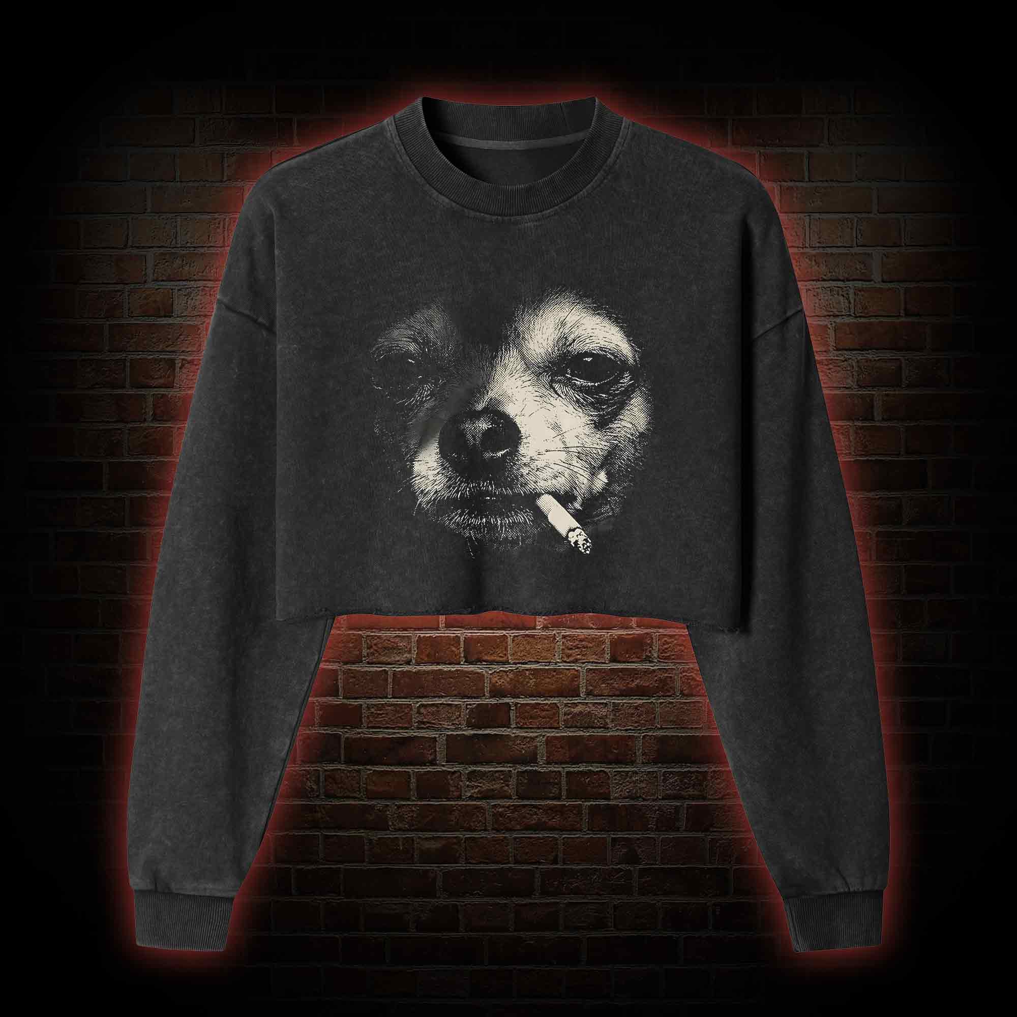 Smoking Chihuahua Washed Cropped Sweatshirts