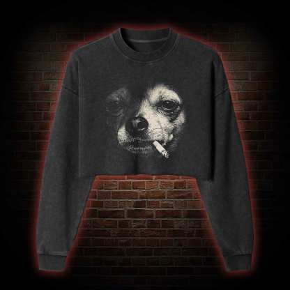 Smoking Chihuahua Washed Cropped Sweatshirts