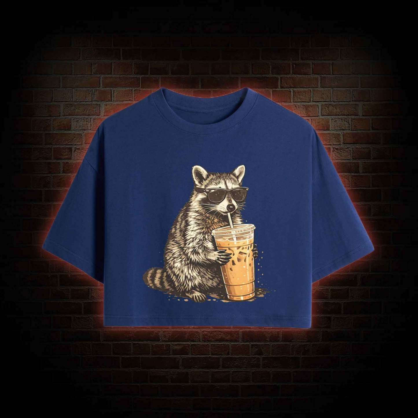 Raccoon Drinking Iced Coffee Crop Top