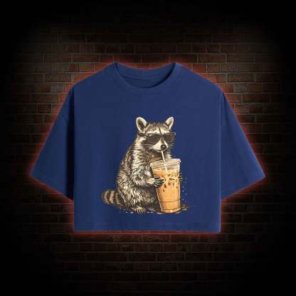 Raccoon Drinking Iced Coffee Crop Top