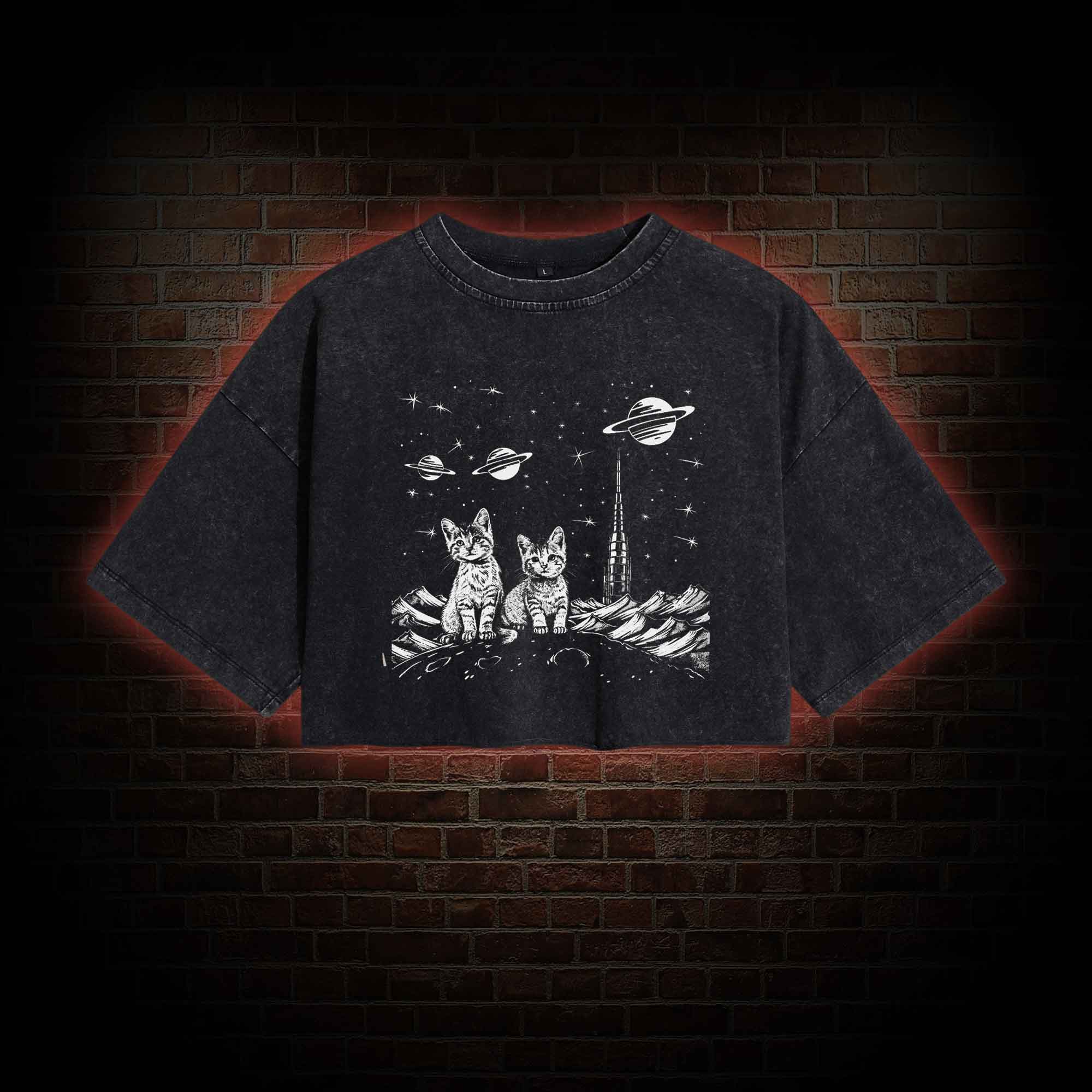 Space Kittens Washed Cropped T-shirts