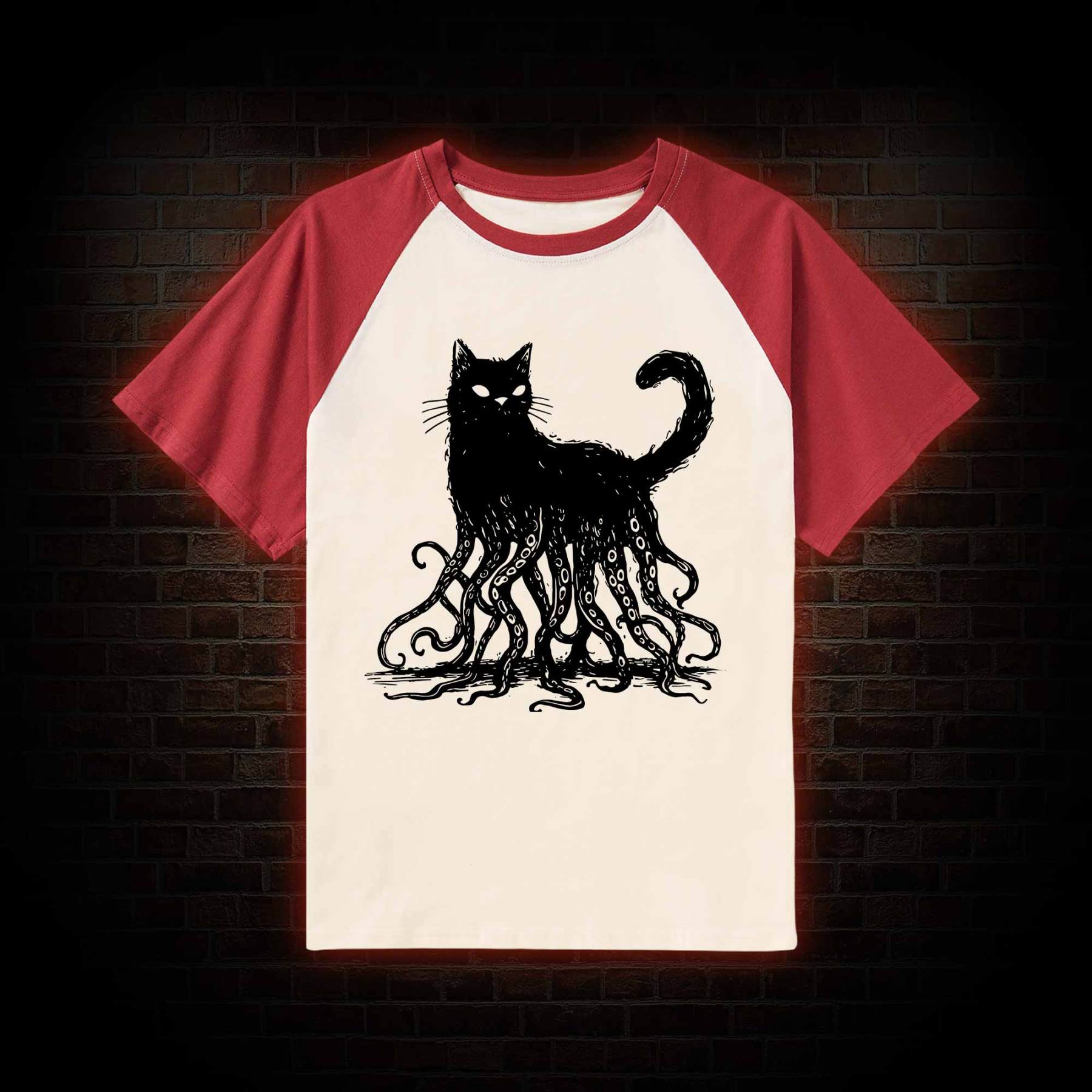 Octopus And Black Cat Raglan T-shirt