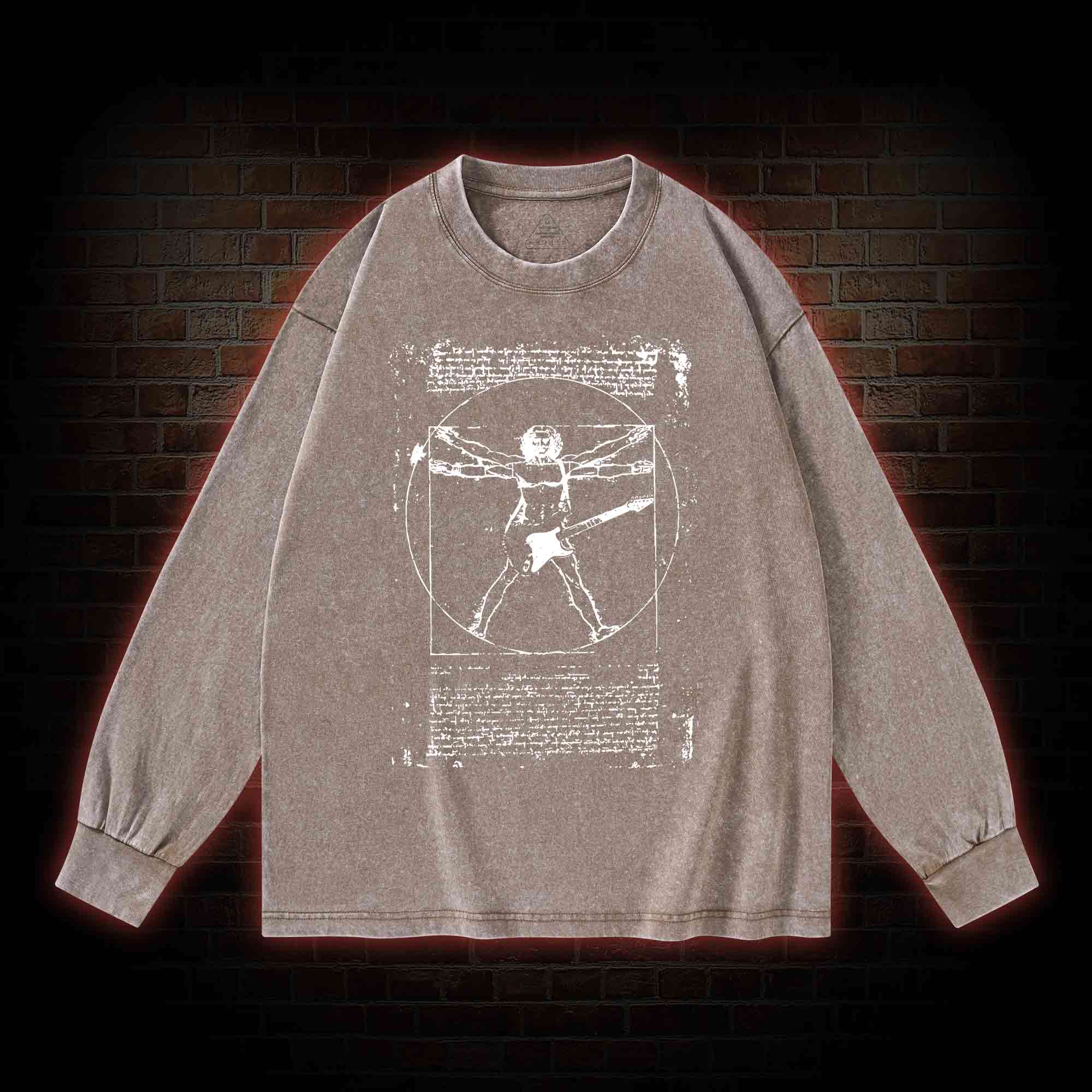 Vitruvian Man Guitar Music Player Washed Long-Sleeve T-shirt