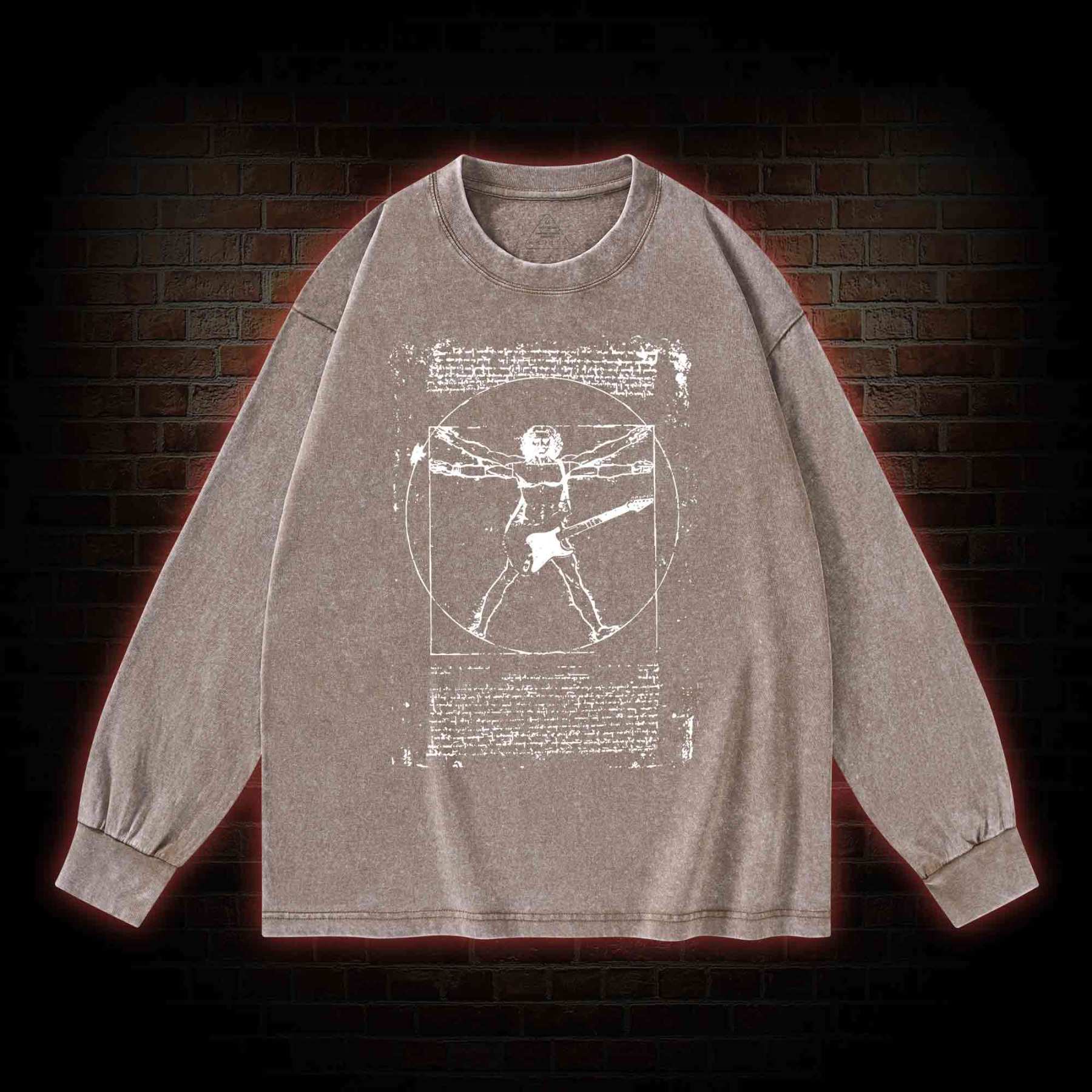 Vitruvian Man Guitar Music Player Washed Long-Sleeve T-shirt