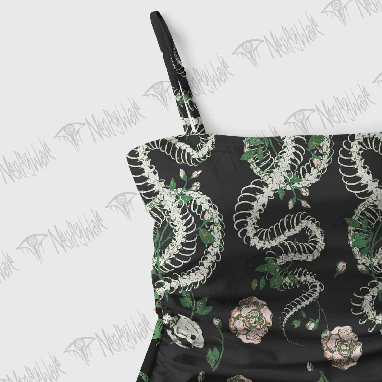 Flowers and Snake Skeleton Slim-Strap Swimsuit