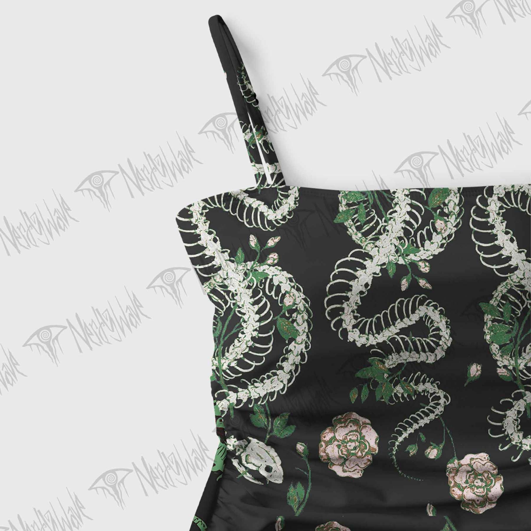 Flowers and Snake Skeleton Slim-Strap Swimsuit