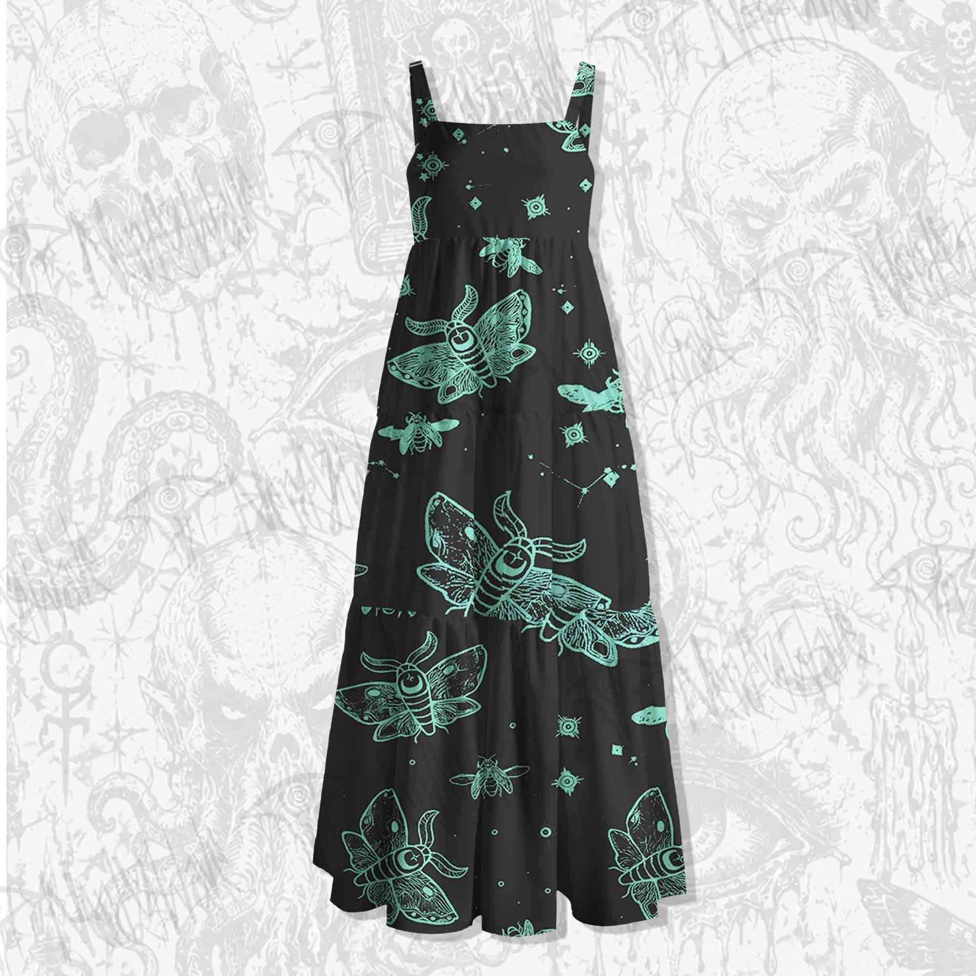 Midnight Flying Insects Spaghetti Strap Long Dress