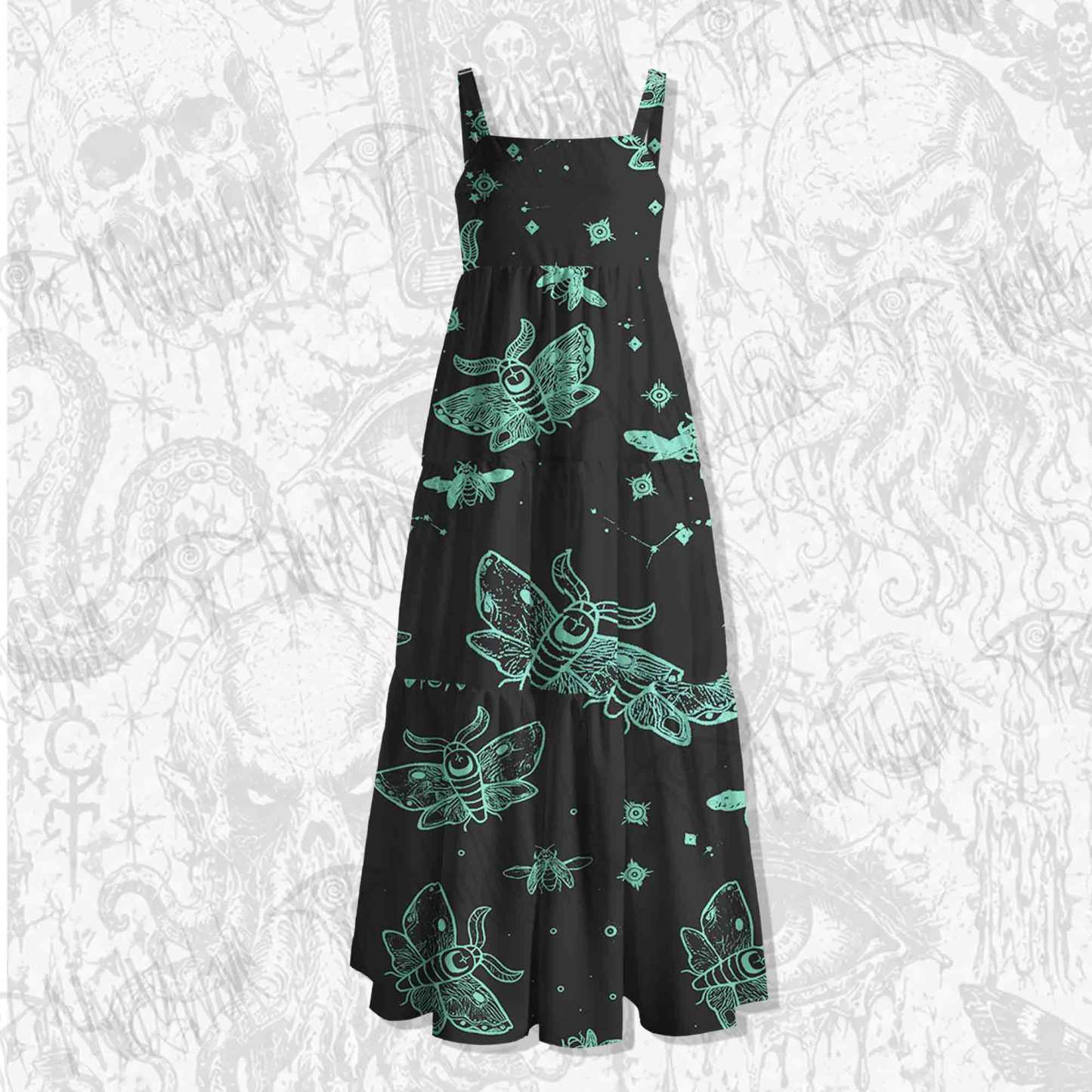 Midnight Flying Insects Spaghetti Strap Long Dress