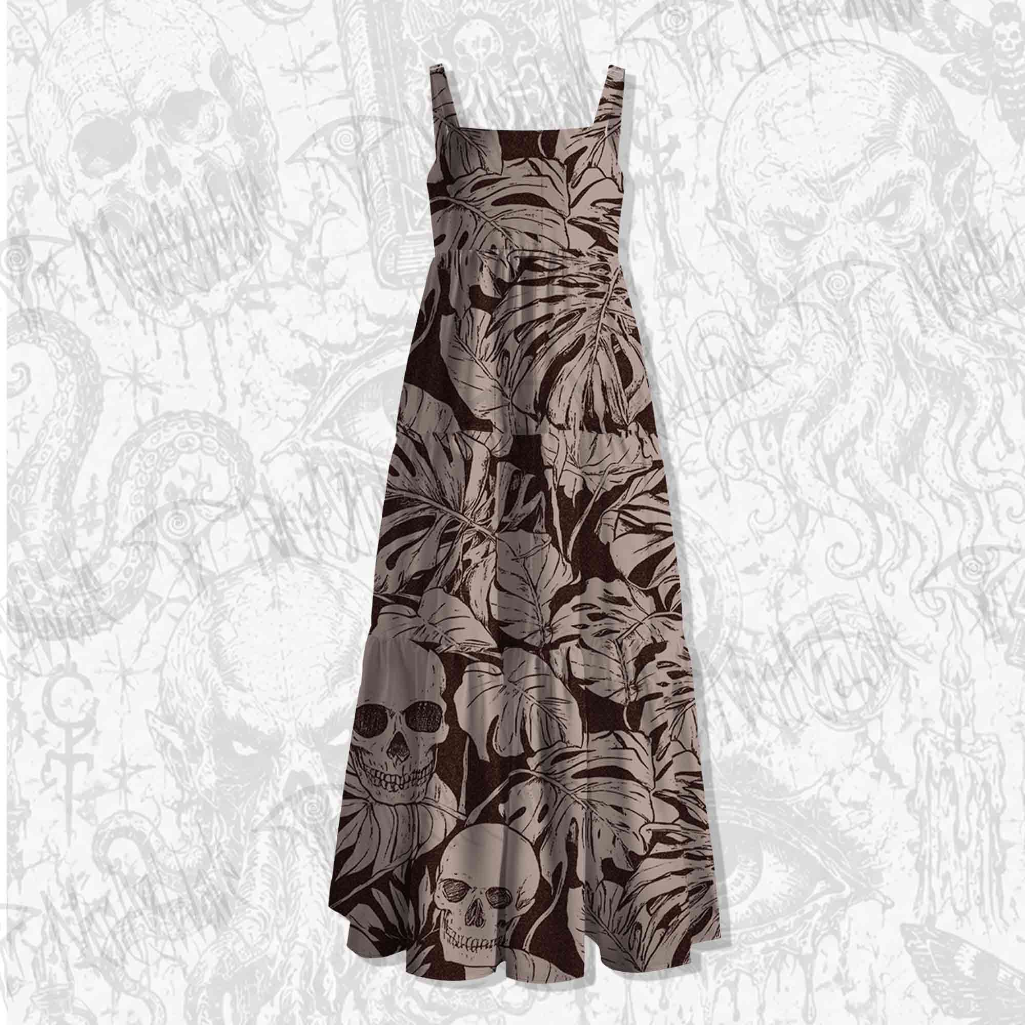 Skull Palm Leaves Spaghetti Strap Long Dress