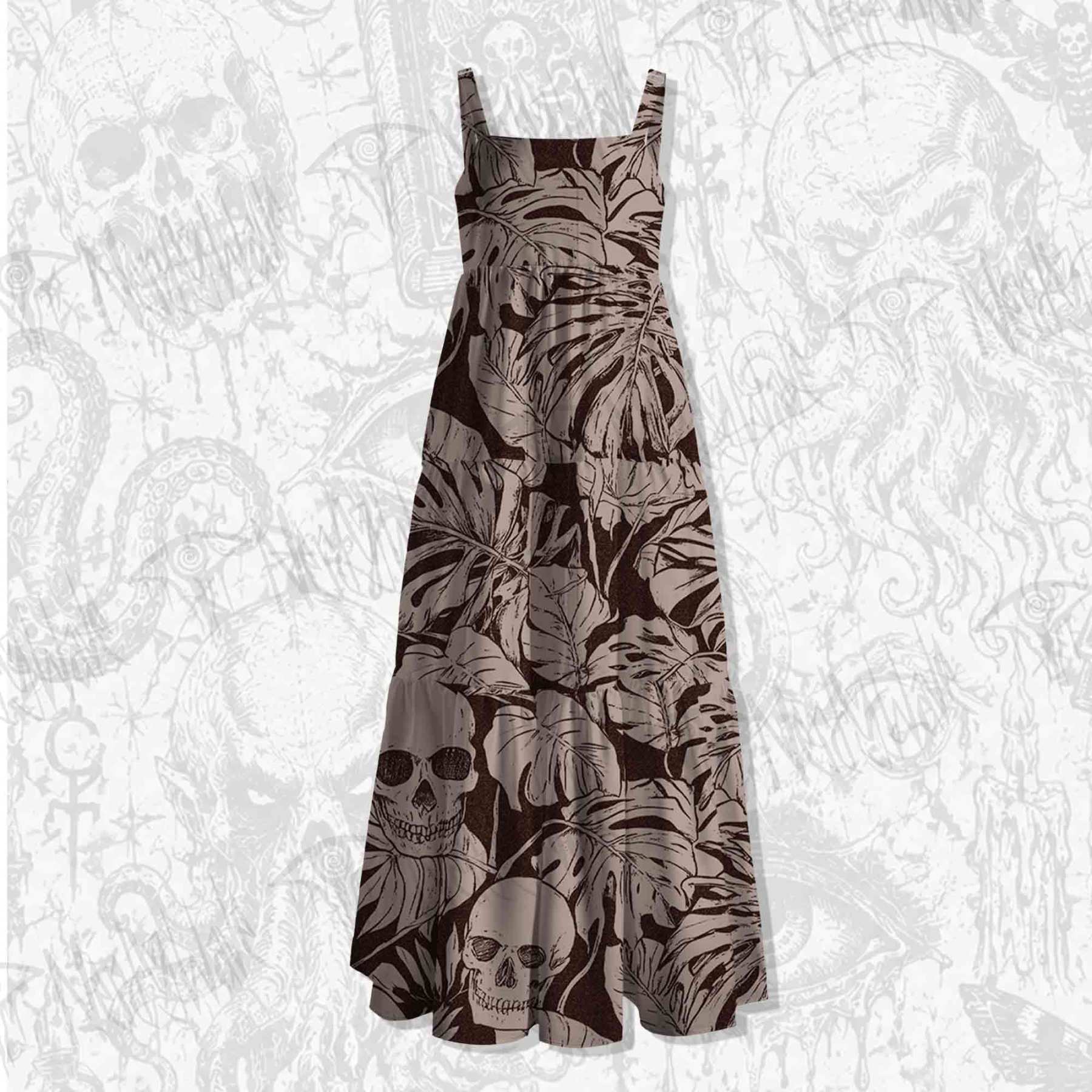 Skull Palm Leaves Spaghetti Strap Long Dress