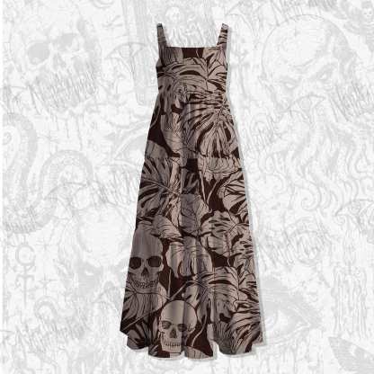 Skull Palm Leaves Spaghetti Strap Long Dress
