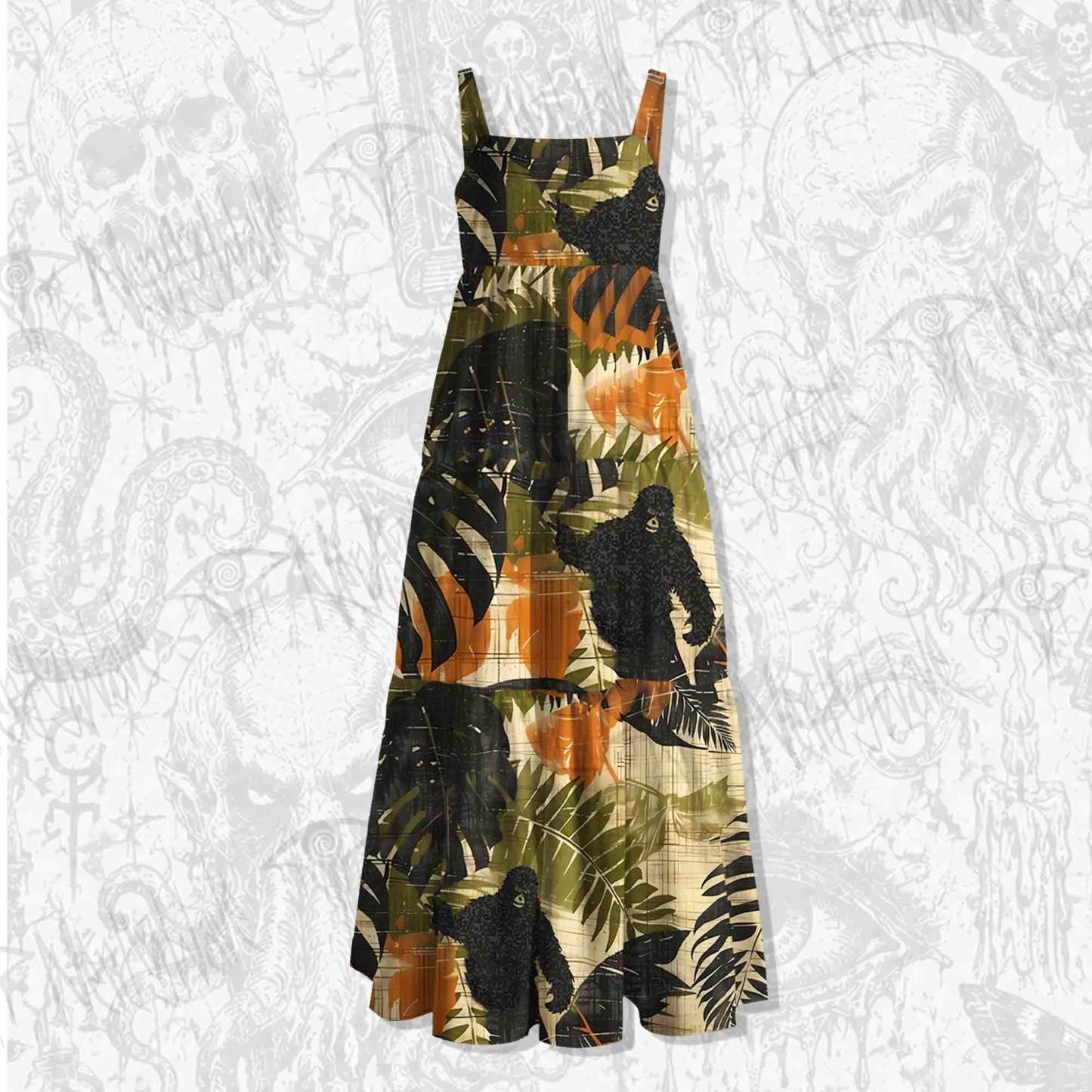 Bigfoot in Forest Spaghetti Strap Long Dress