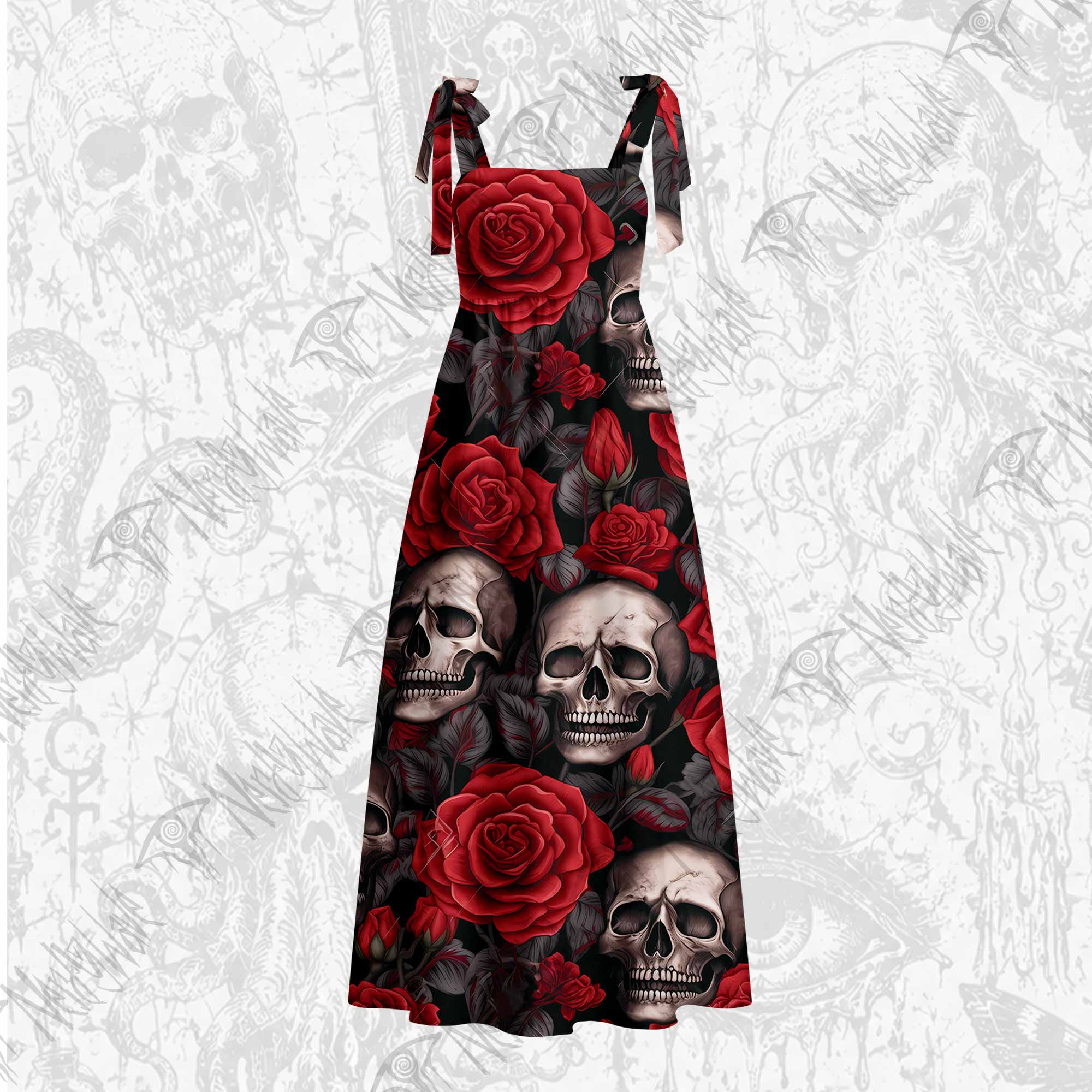 Skull and Roses Tie Shoulder Maxi Dress