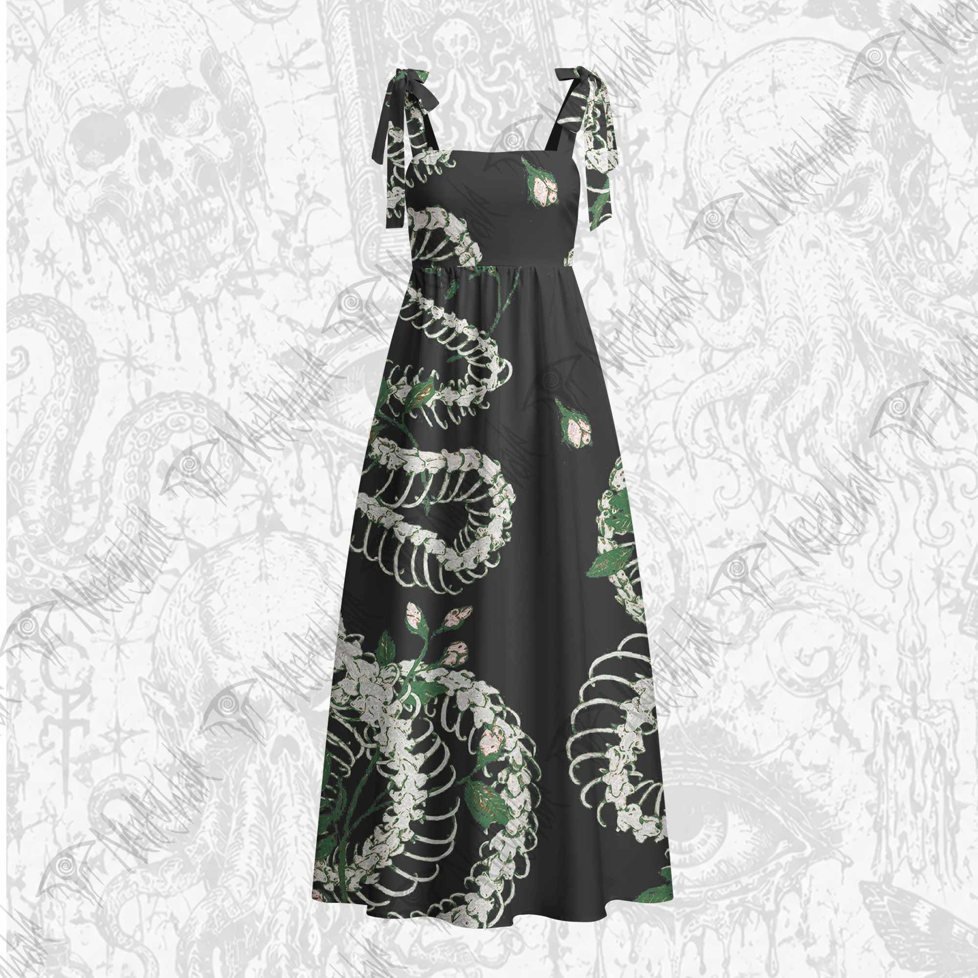 Flowers and Snake Skeleton Tie Shoulder Maxi Dress