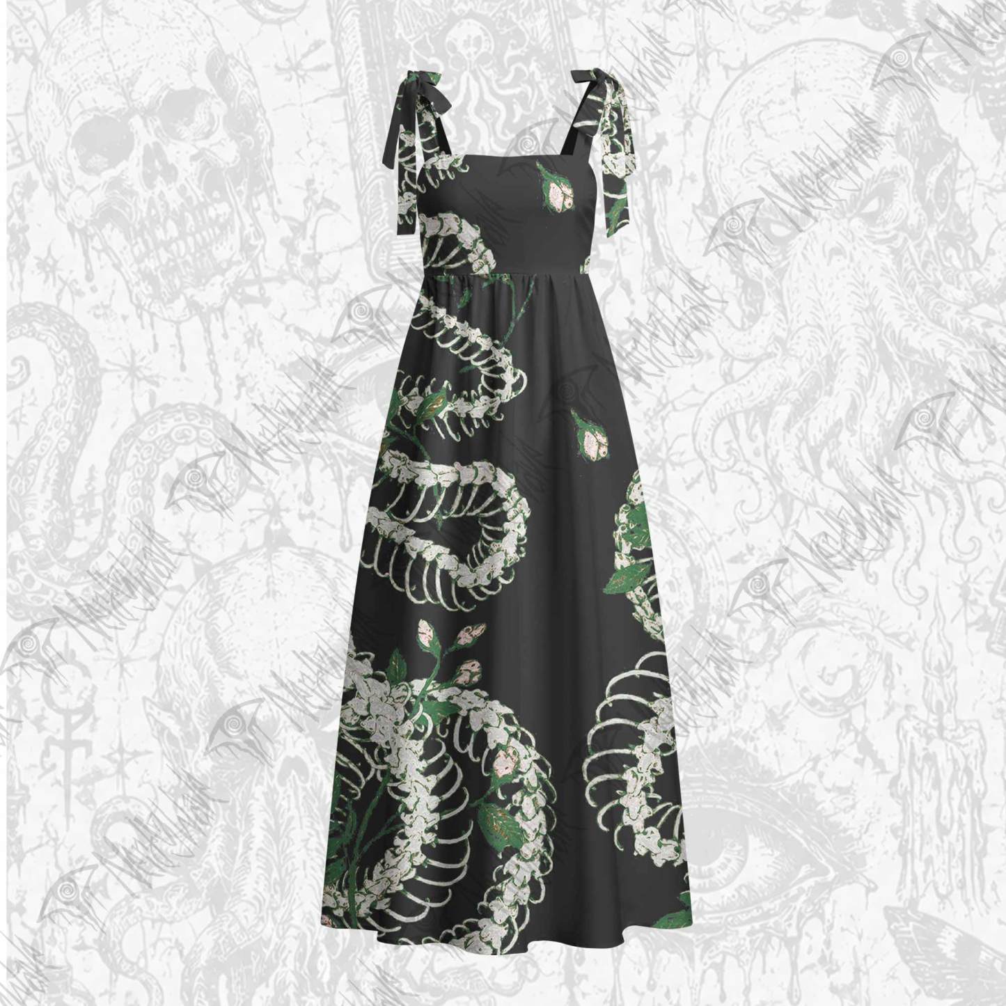 Flowers and Snake Skeleton Tie Shoulder Maxi Dress