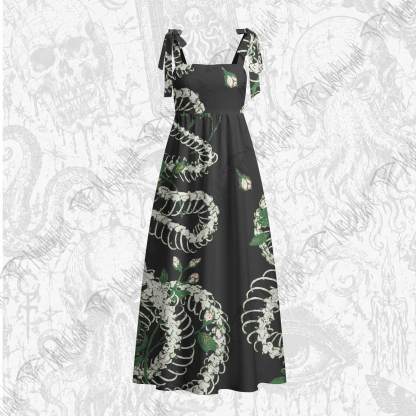 Flowers and Snake Skeleton Tie Shoulder Maxi Dress