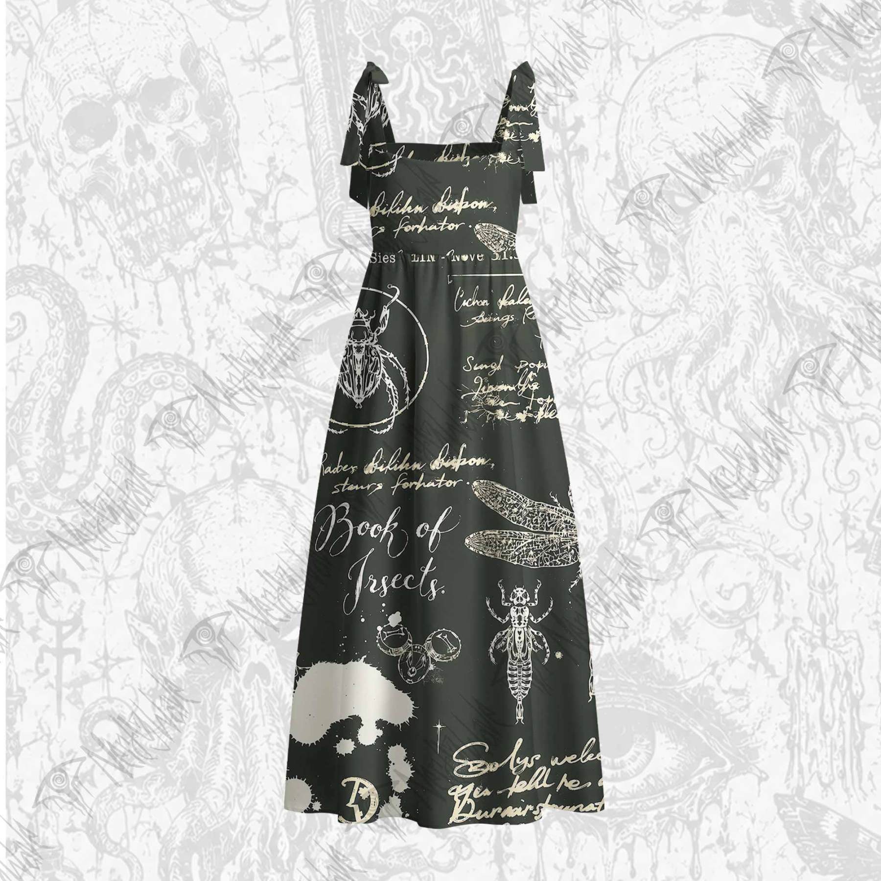 Retro Insects Tie Shoulder Maxi Dress
