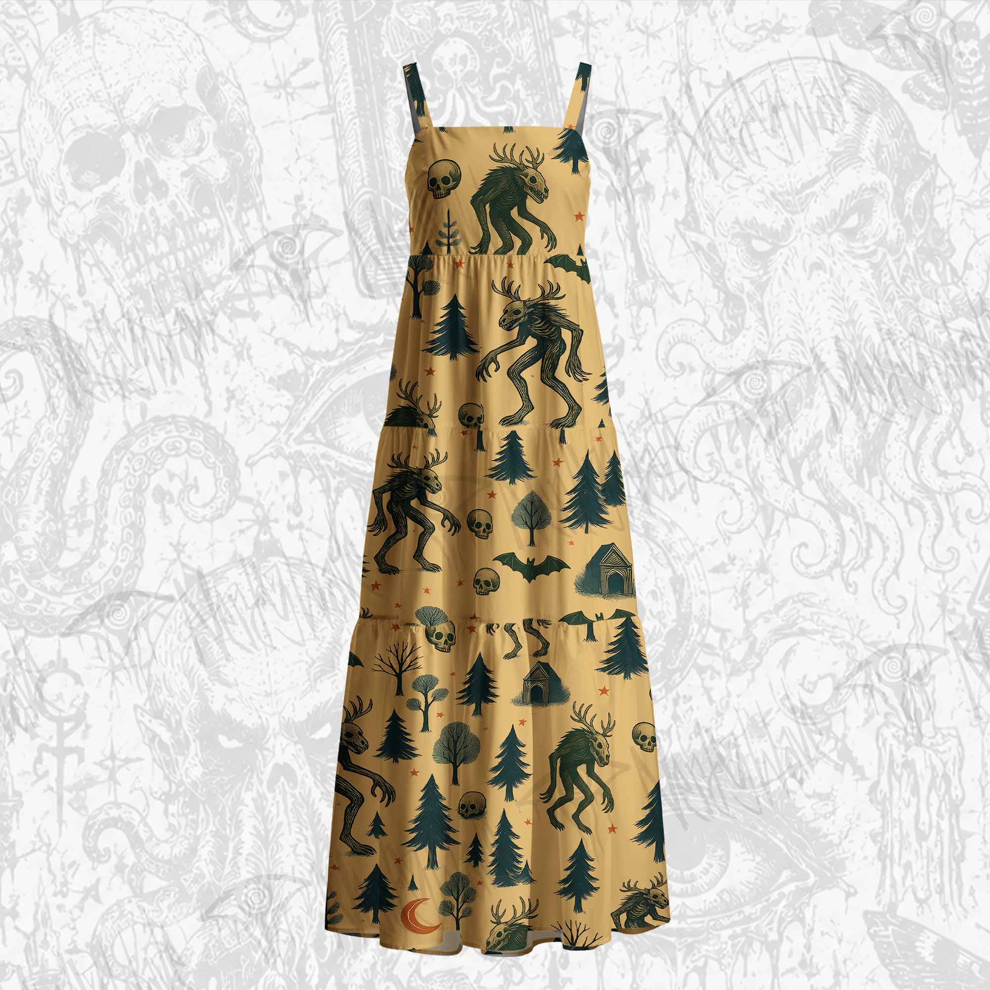 Wendigo in the Forest Cotton Wide Straps Maxi Dress