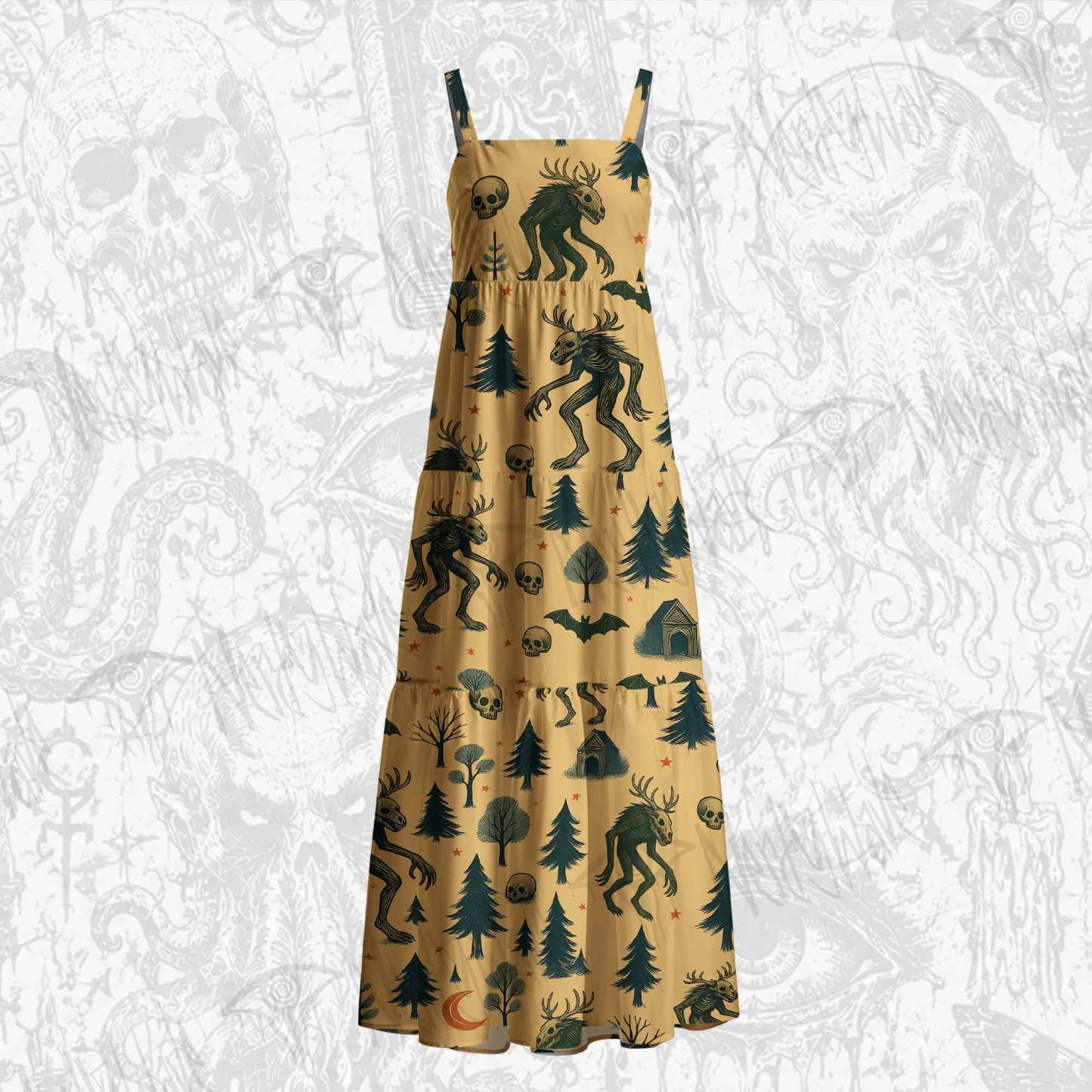Wendigo in the Forest Cotton Wide Straps Maxi Dress