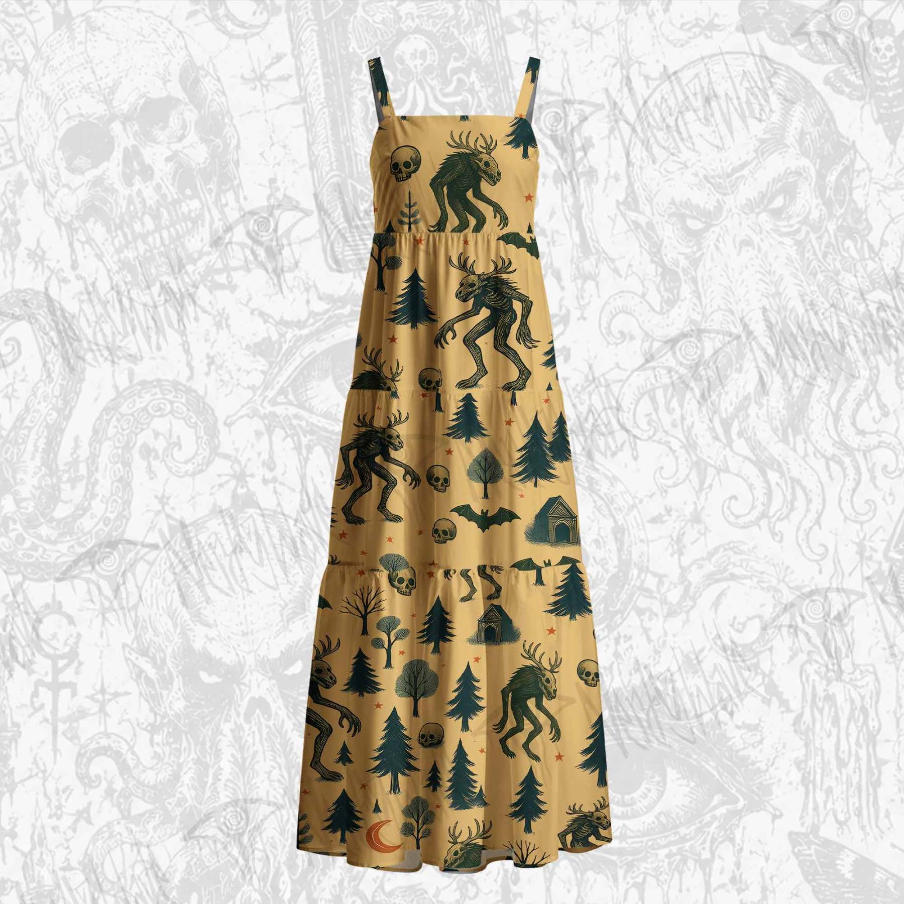 Wendigo in the Forest Cotton Wide Straps Maxi Dress