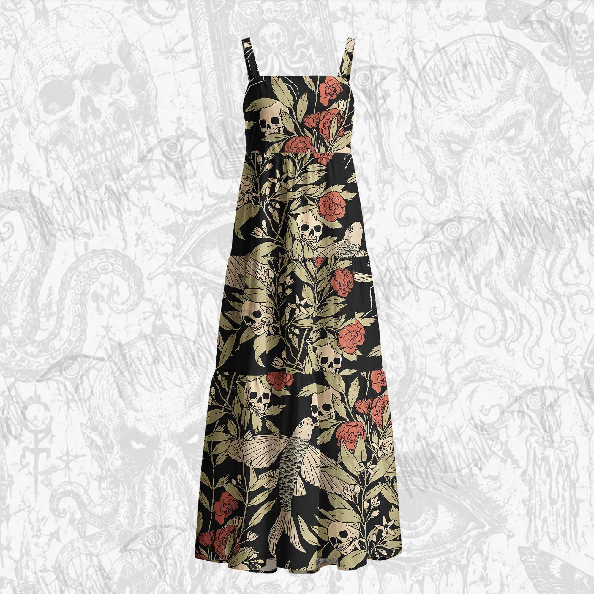 Skull and Flying Fish Cotton Wide Straps Maxi Dress