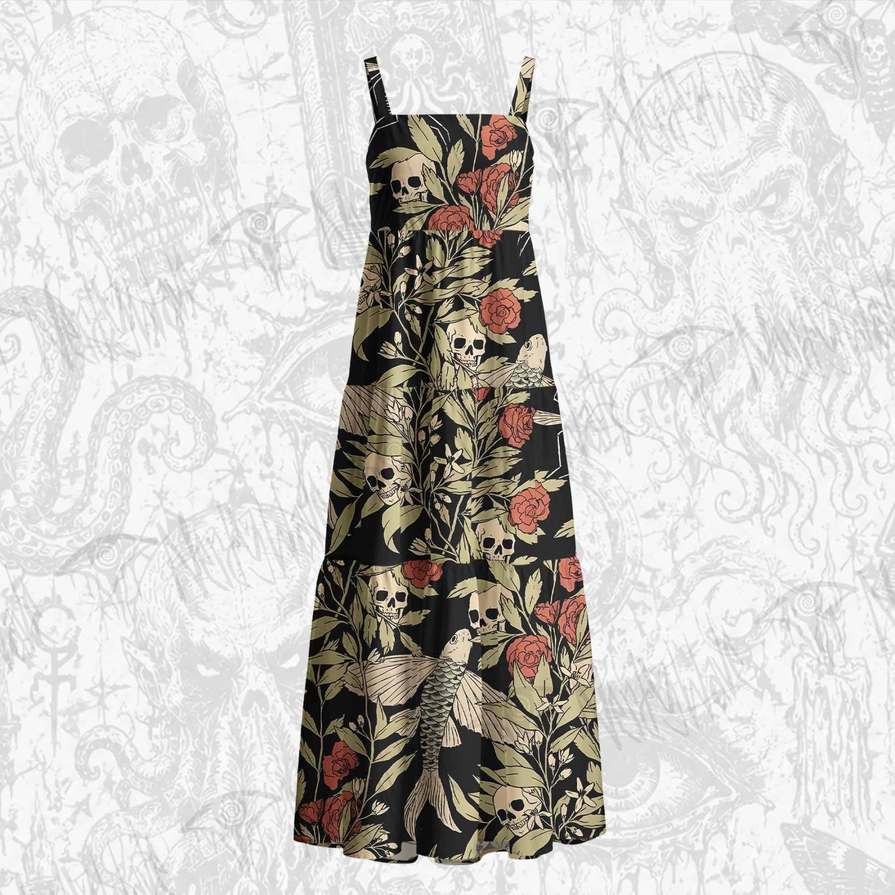 Skull and Flying Fish Cotton Wide Straps Maxi Dress