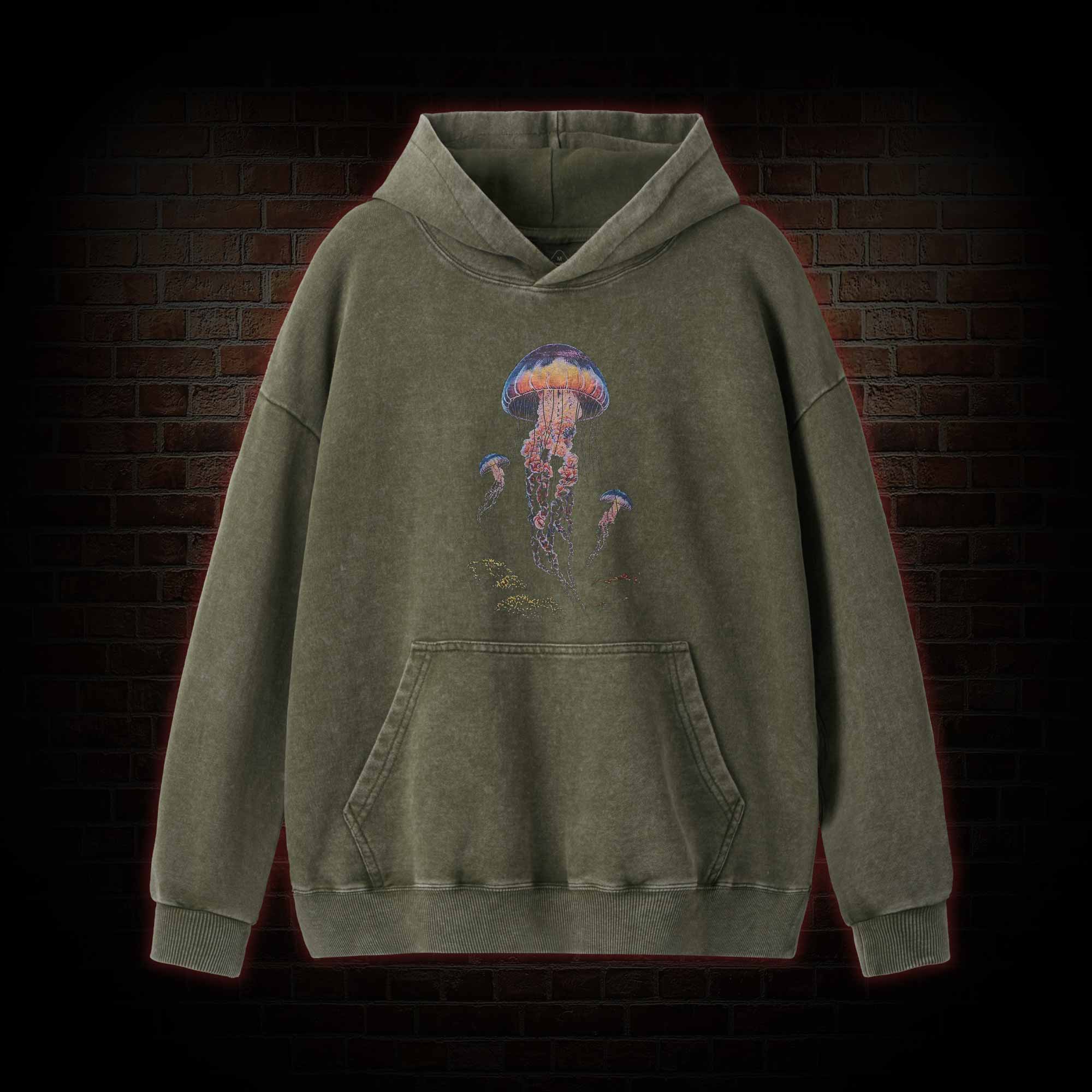 Vintage Jellyfish Dark Ocean Grunge Washed Hoodie