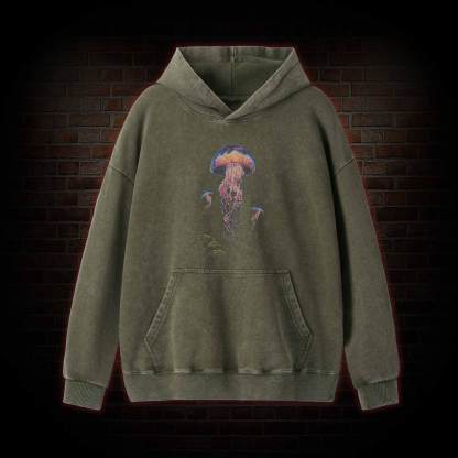 Vintage Jellyfish Dark Ocean Grunge Washed Hoodie