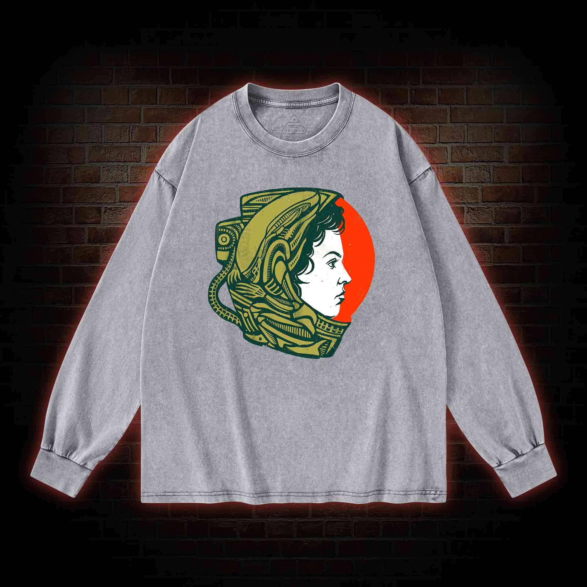 Retro Style Alien Washed Long-Sleeve T-shirt