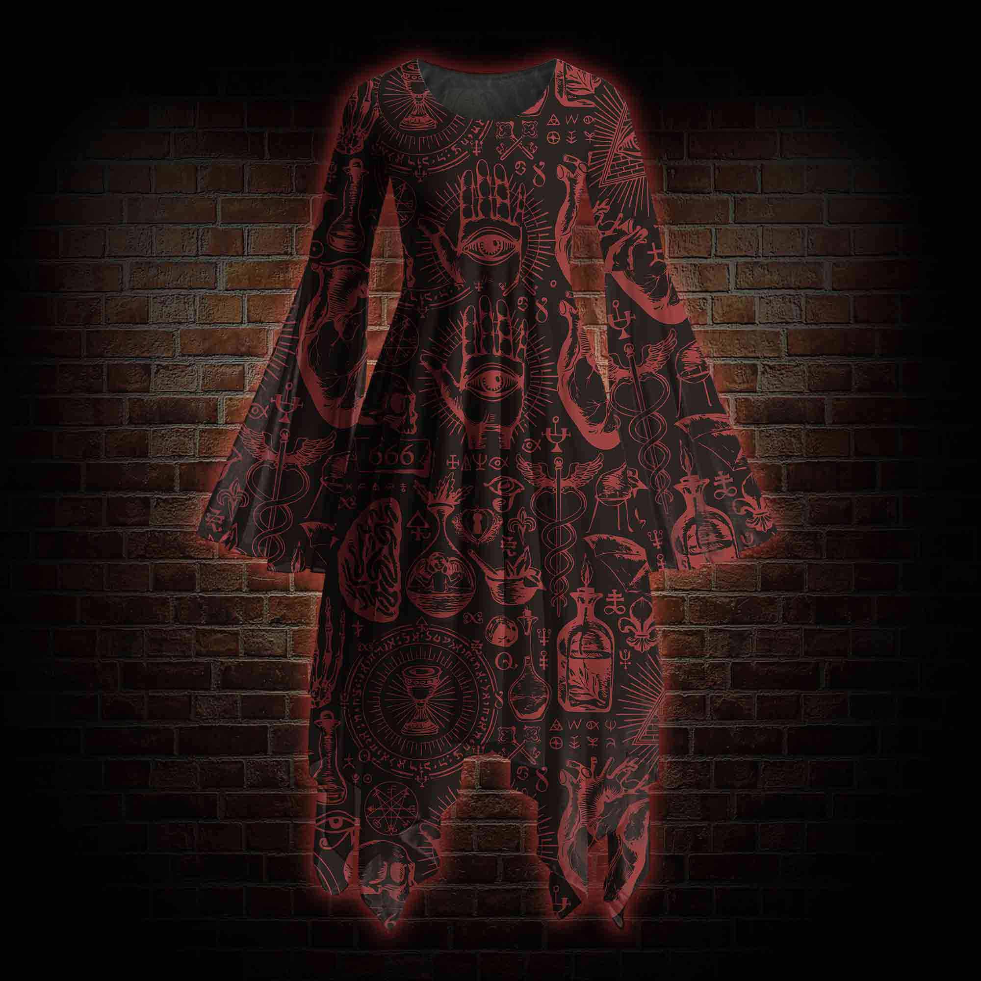 Occultism Bell-sleeve Handkerchief-hem Dress