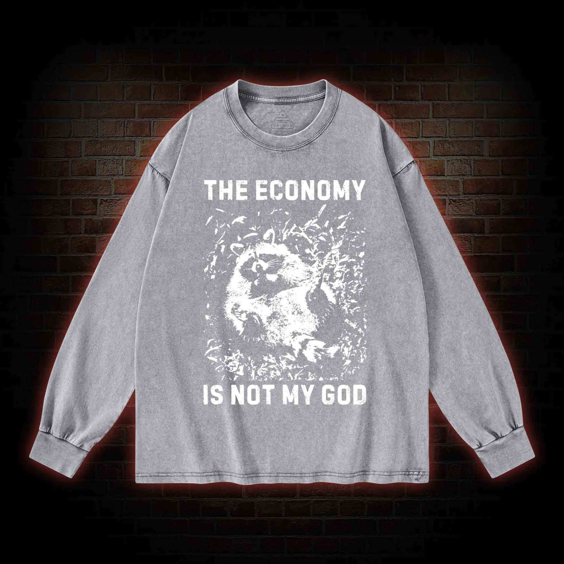 Anarchist Raccoon Economy is Not My God Washed Long-Sleeve T-shirt