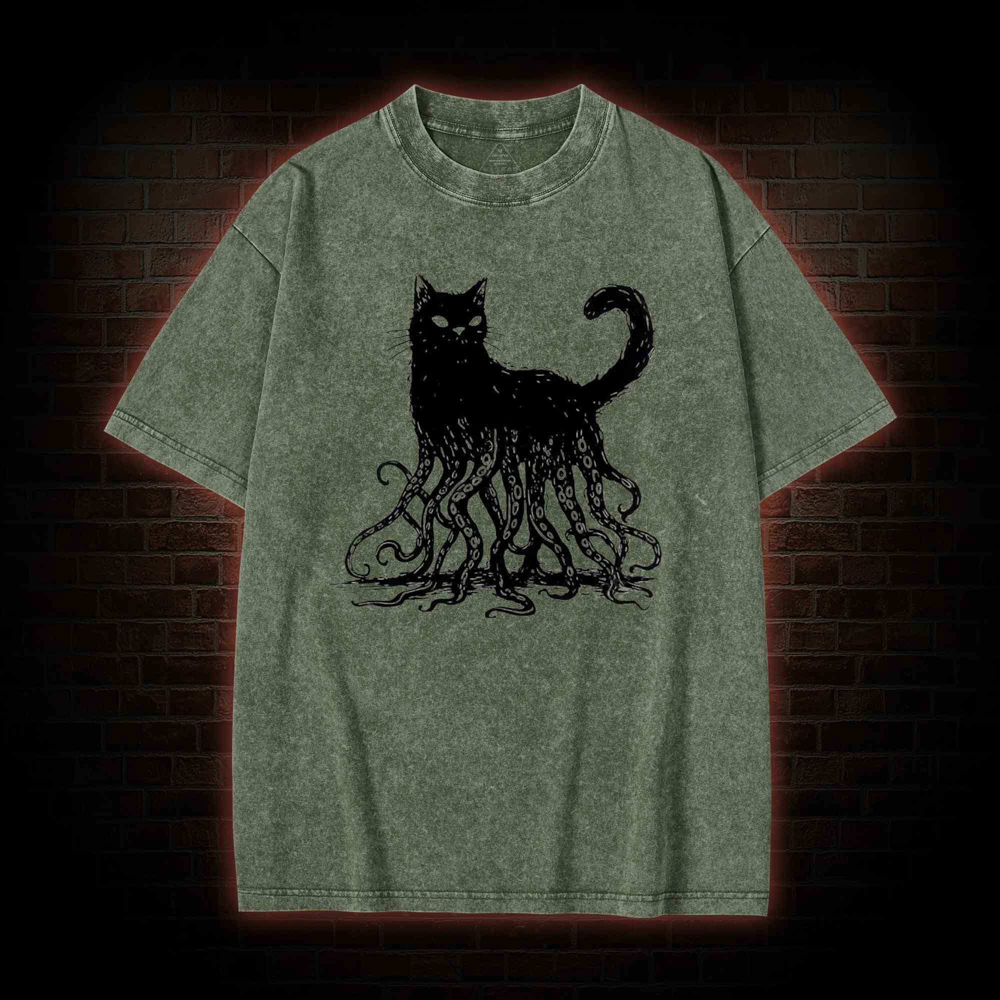 Octopus And Black Cat Washed T-shirt