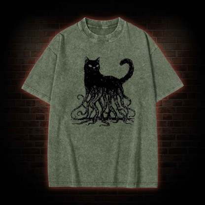 Octopus And Black Cat Washed T-shirt