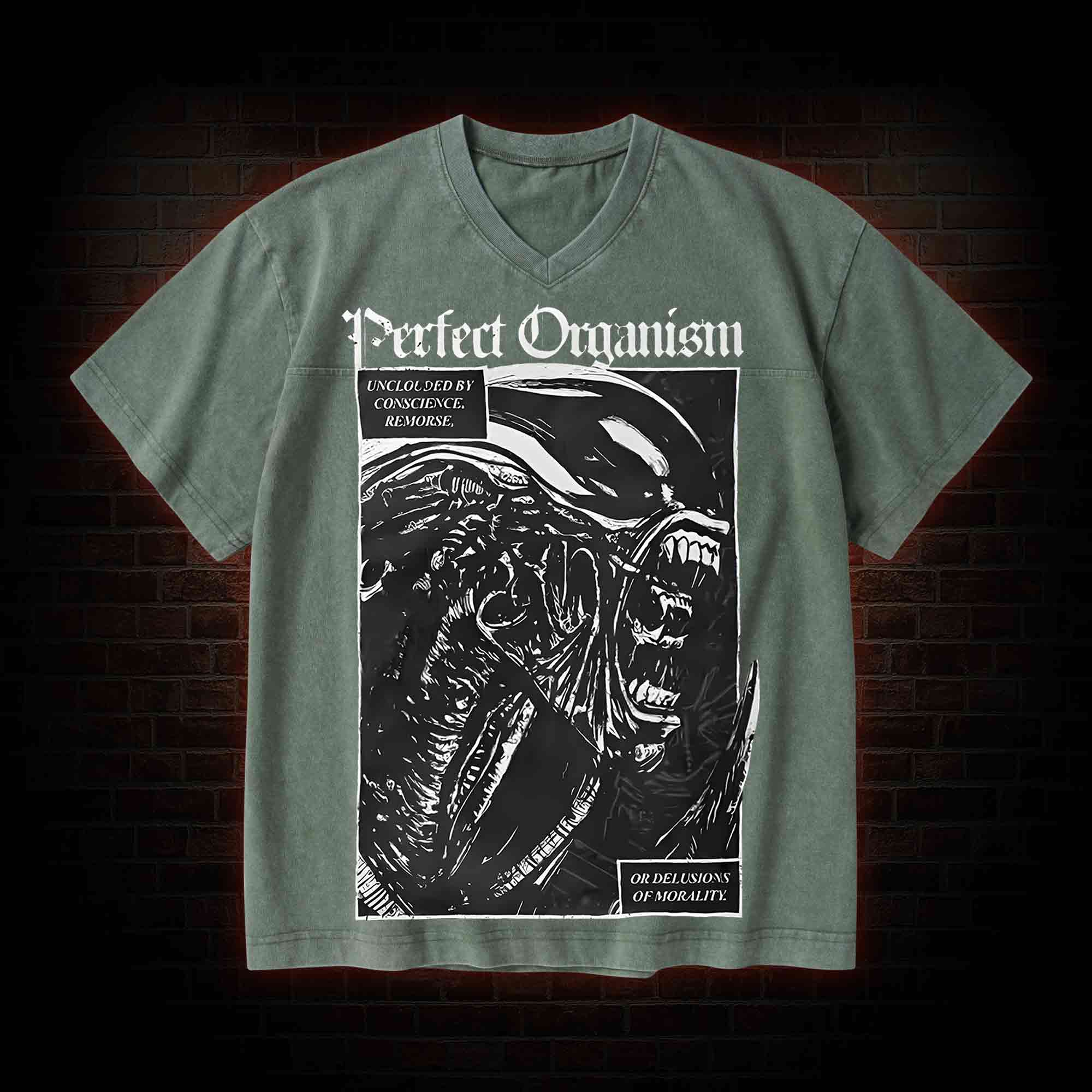 Alien Perfect Organism V-Neck Streetwear Washed T-shirt