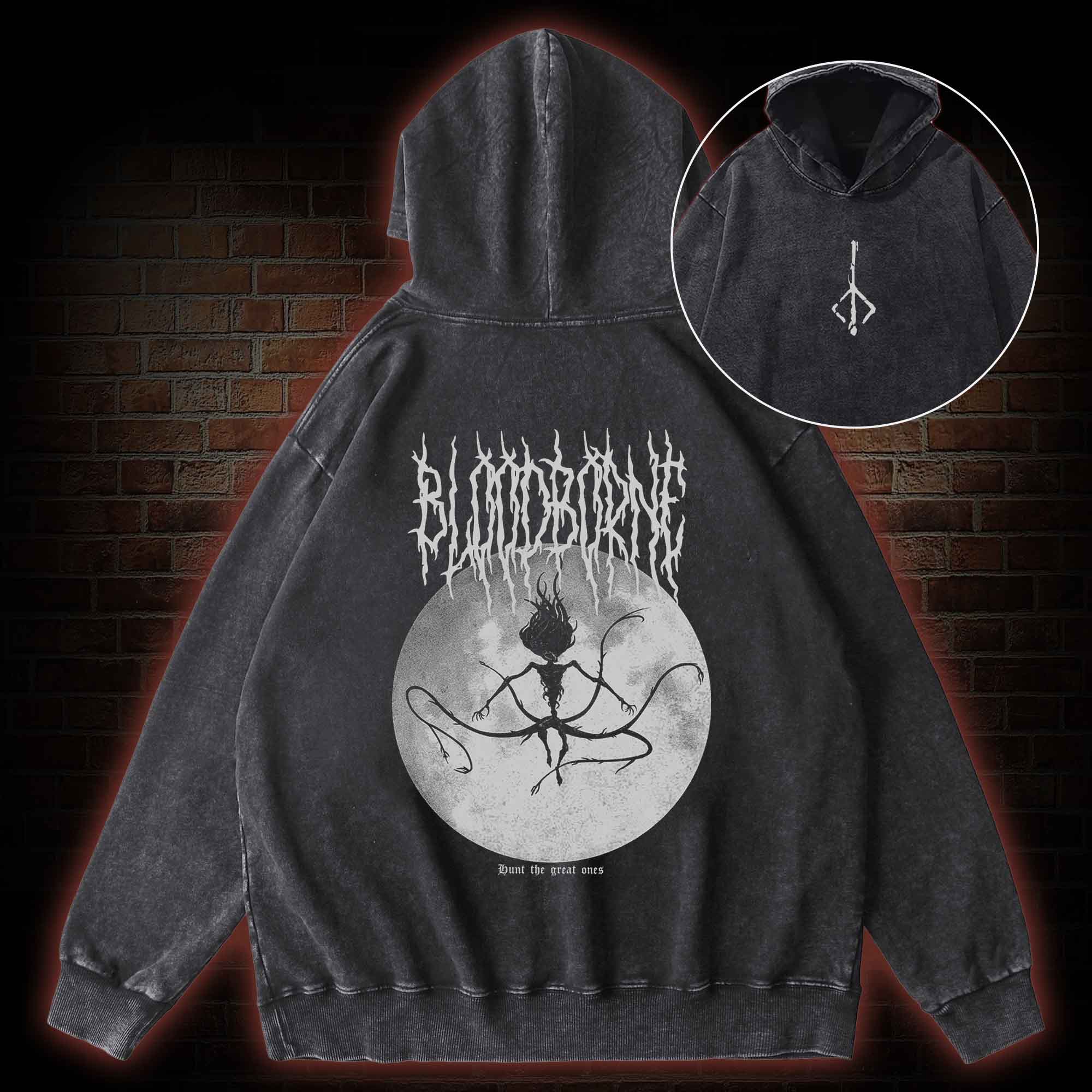 Hunt The Great Ones Back Print Washed Hoodie
