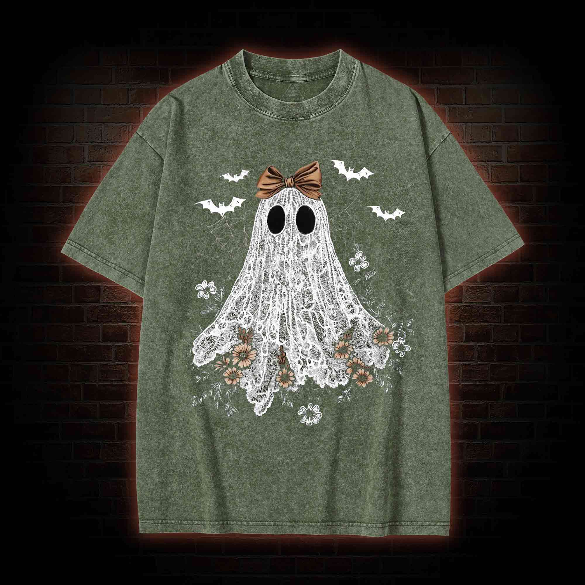Floral Cute Halloween Ghost Washed T-shirt