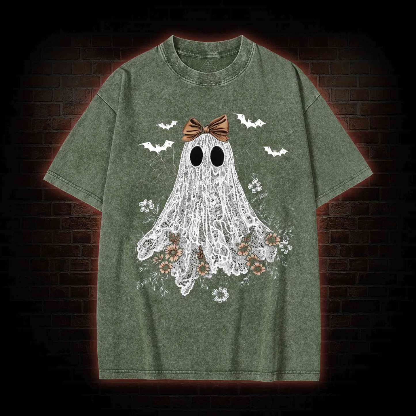 Floral Cute Halloween Ghost Washed T-shirt