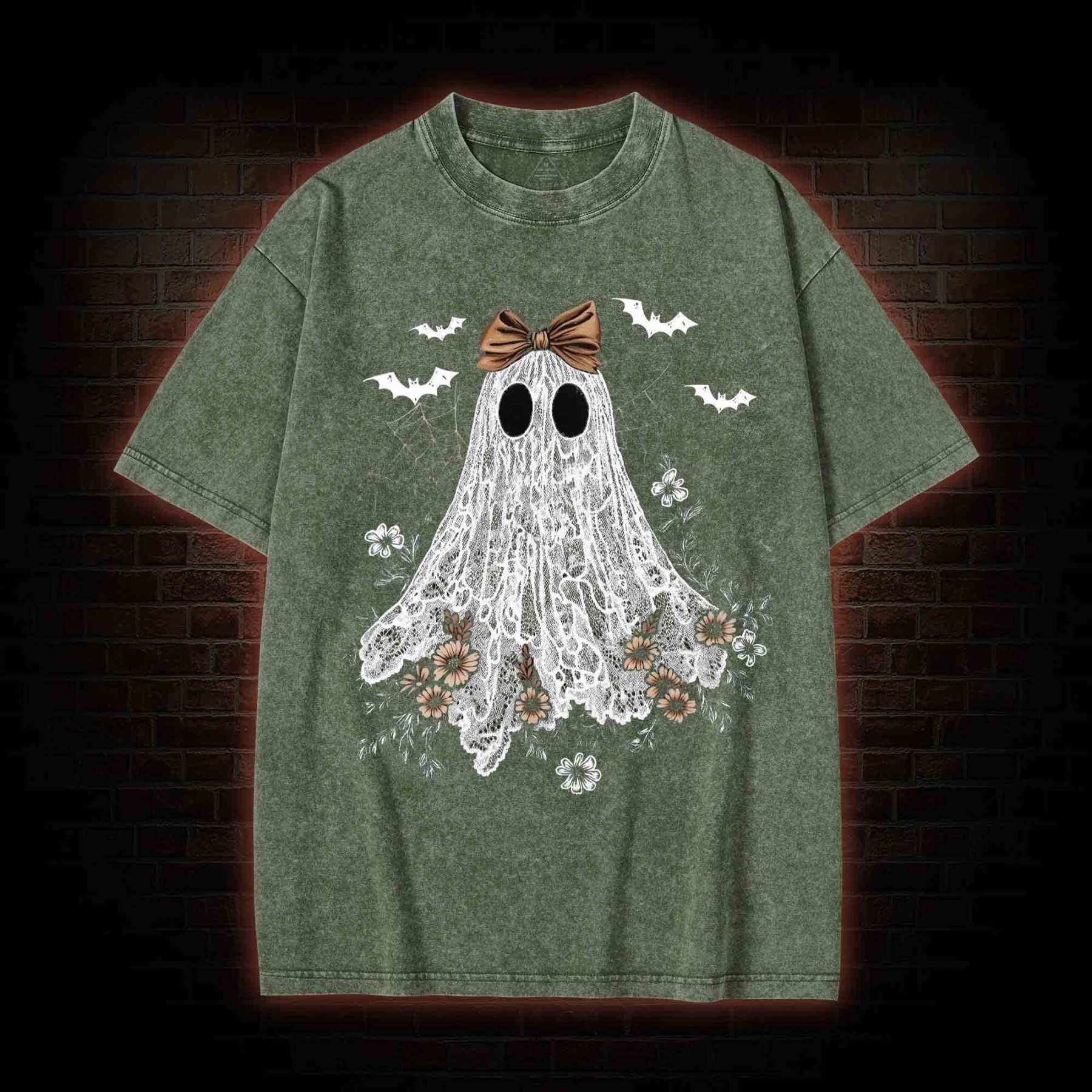 Floral Cute Halloween Ghost Washed T-shirt