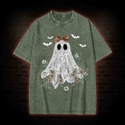 Floral Cute Halloween Ghost Washed T-shirt