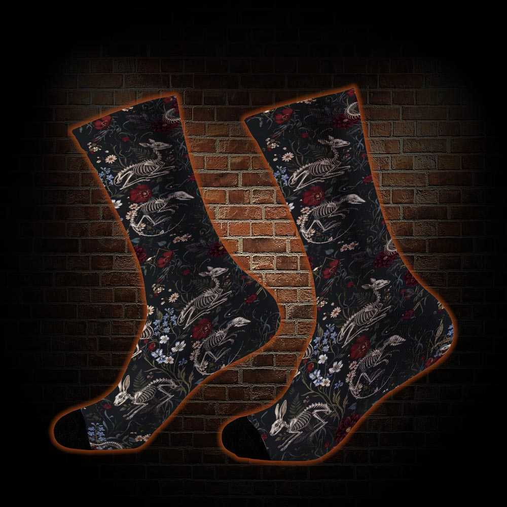Animal Skeletons and Red Flowers Socks