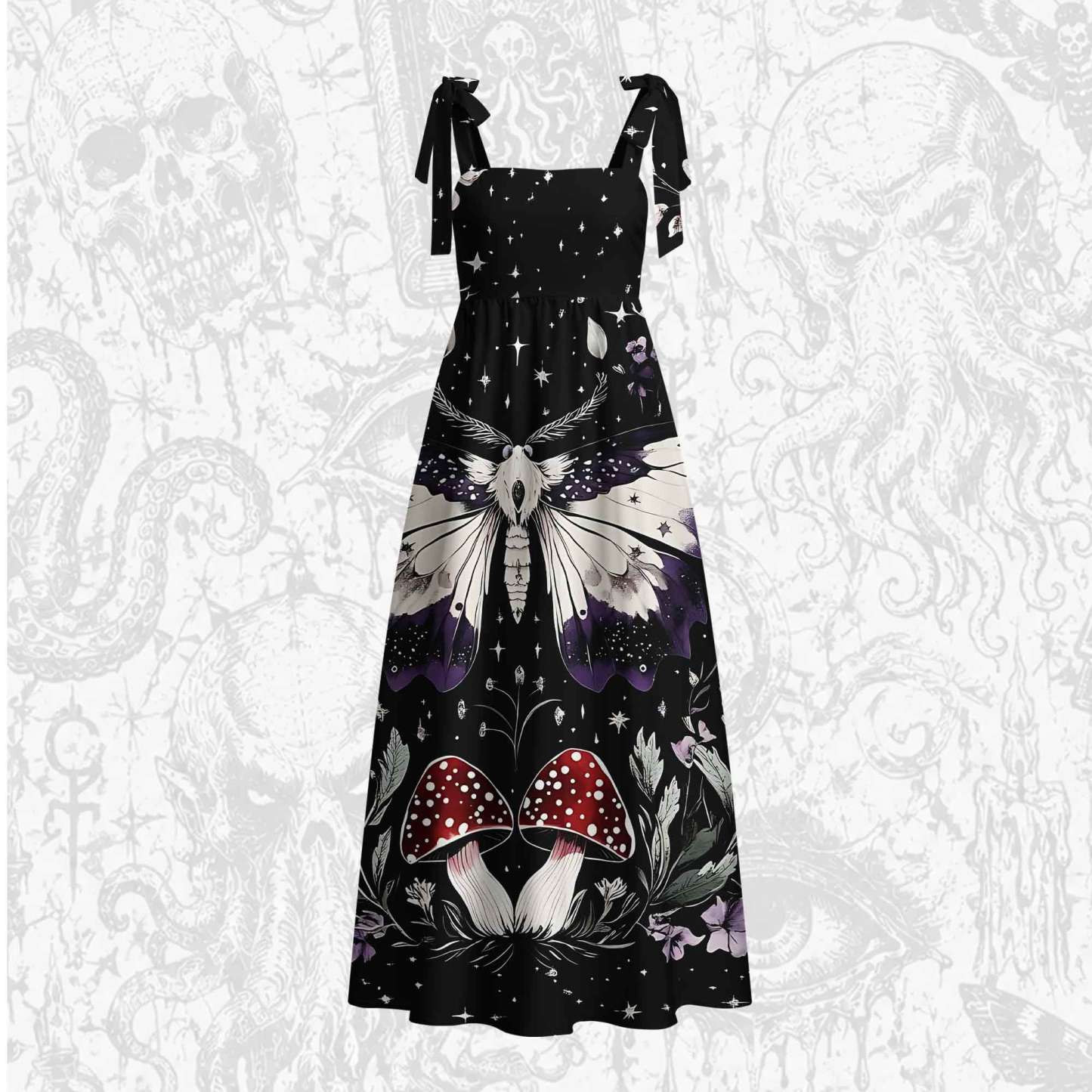 Moth and Mushrooms Tie Shoulder Maxi Dress