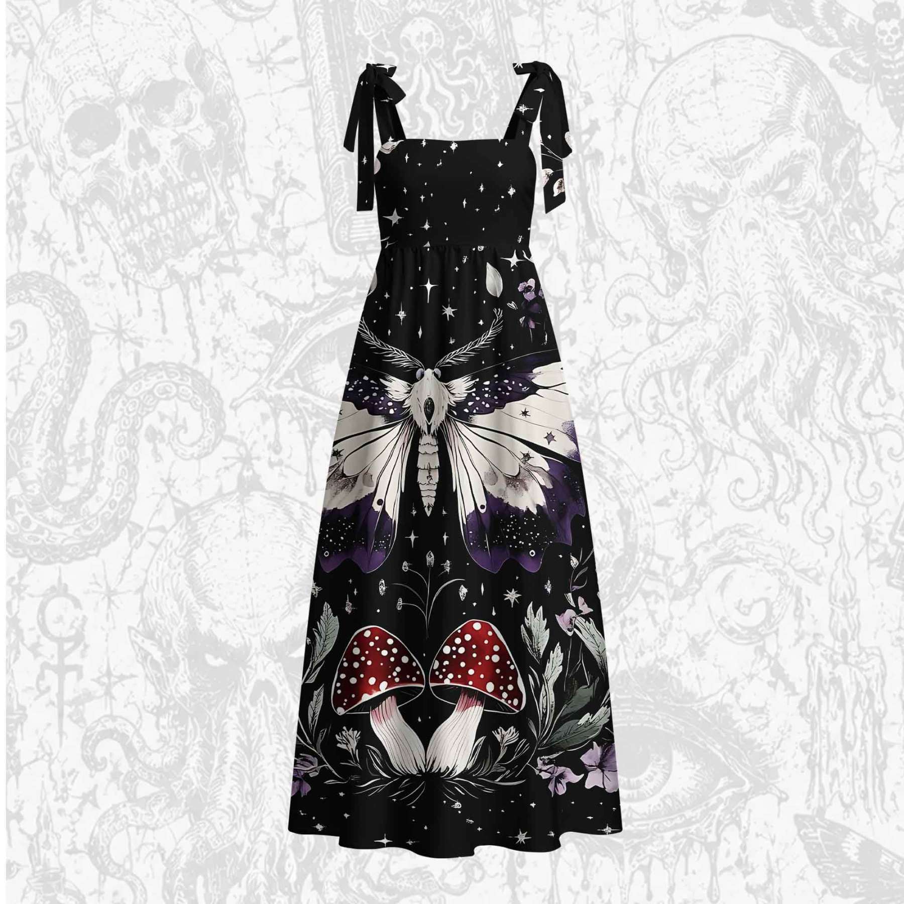 Moth and Mushrooms Tie Shoulder Maxi Dress