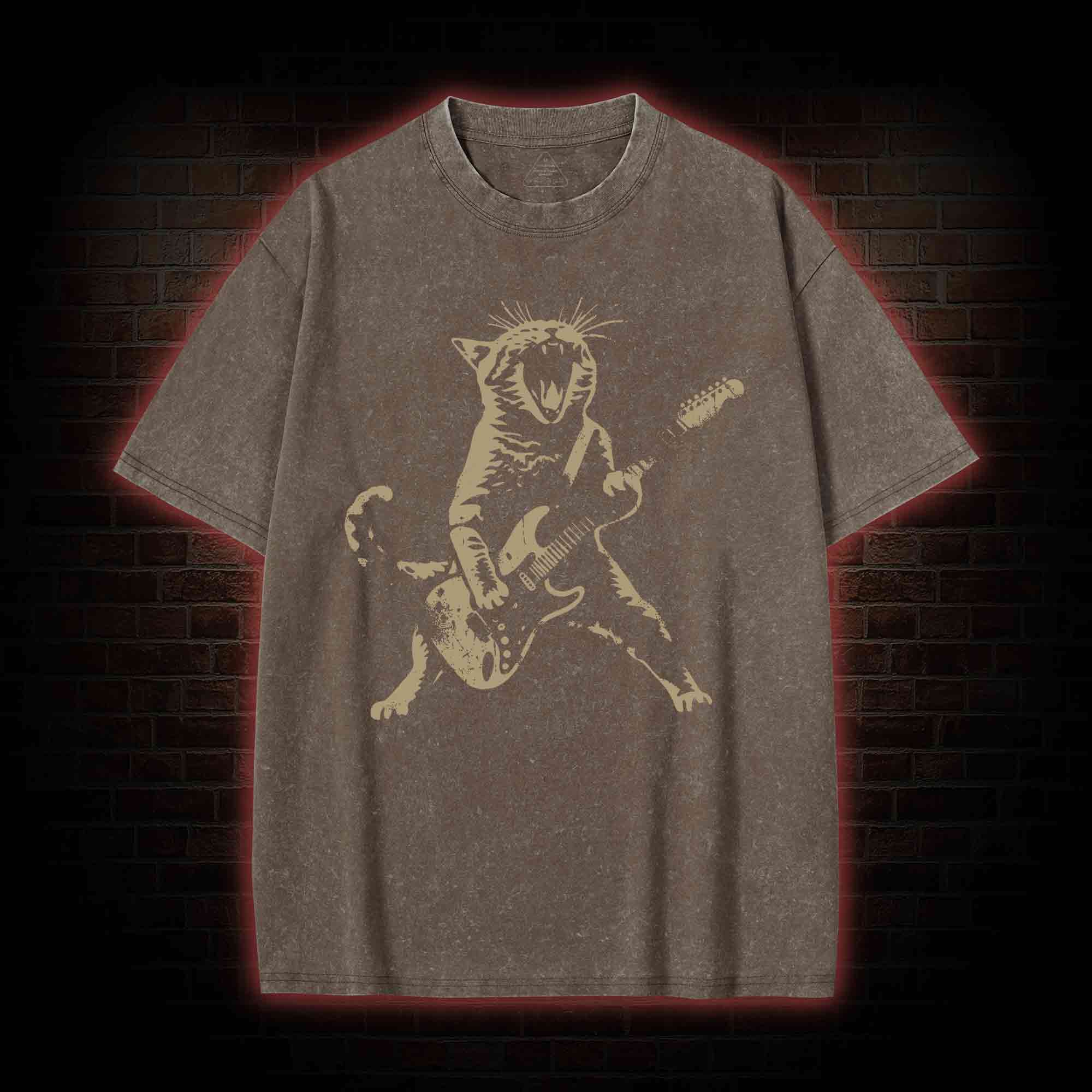 Rock Cat Playing Guitar Washed T-shirt
